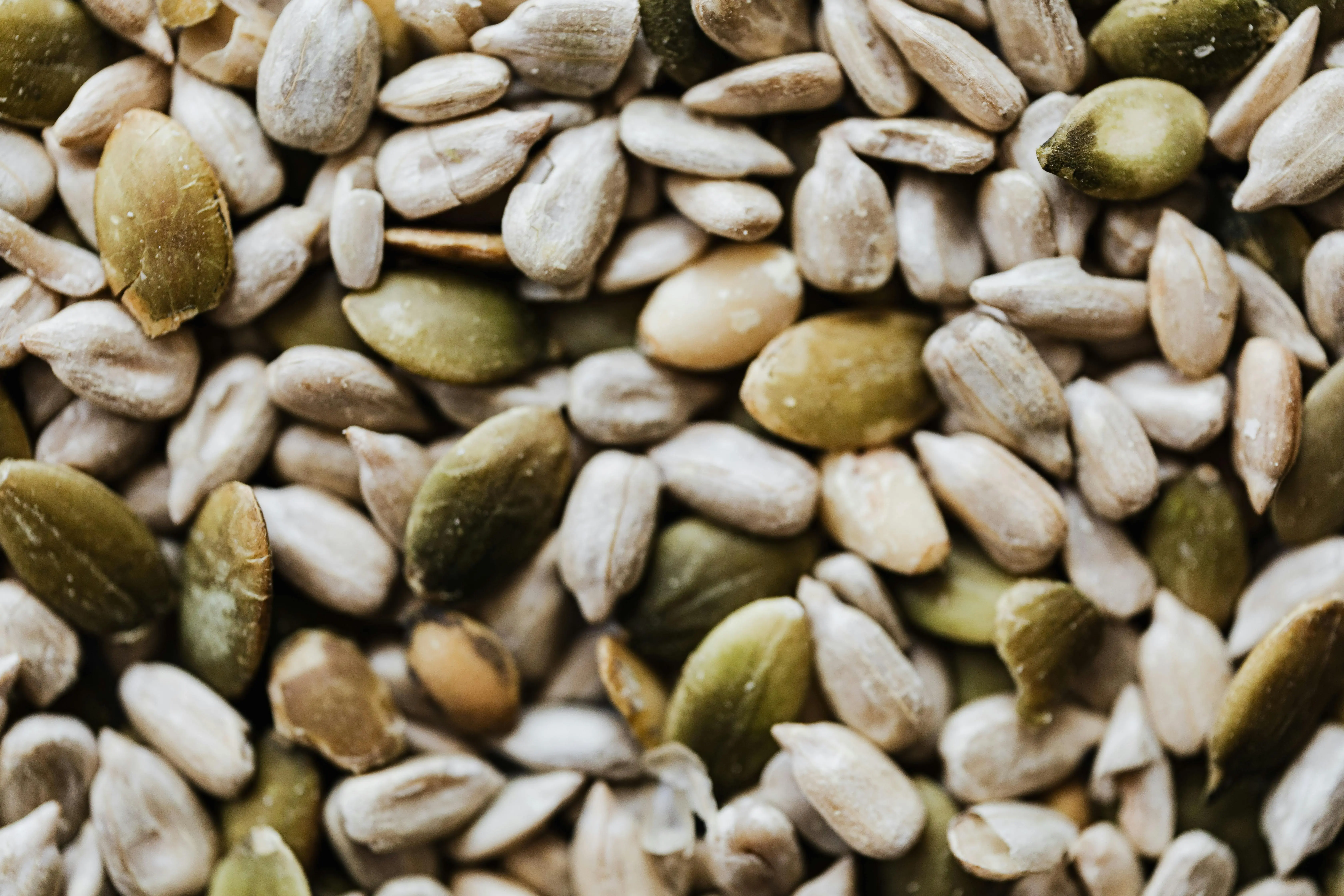 bird seed sunflower Closeup top view of heap of green and grey pumpkin seeds with cracks on rough shell
