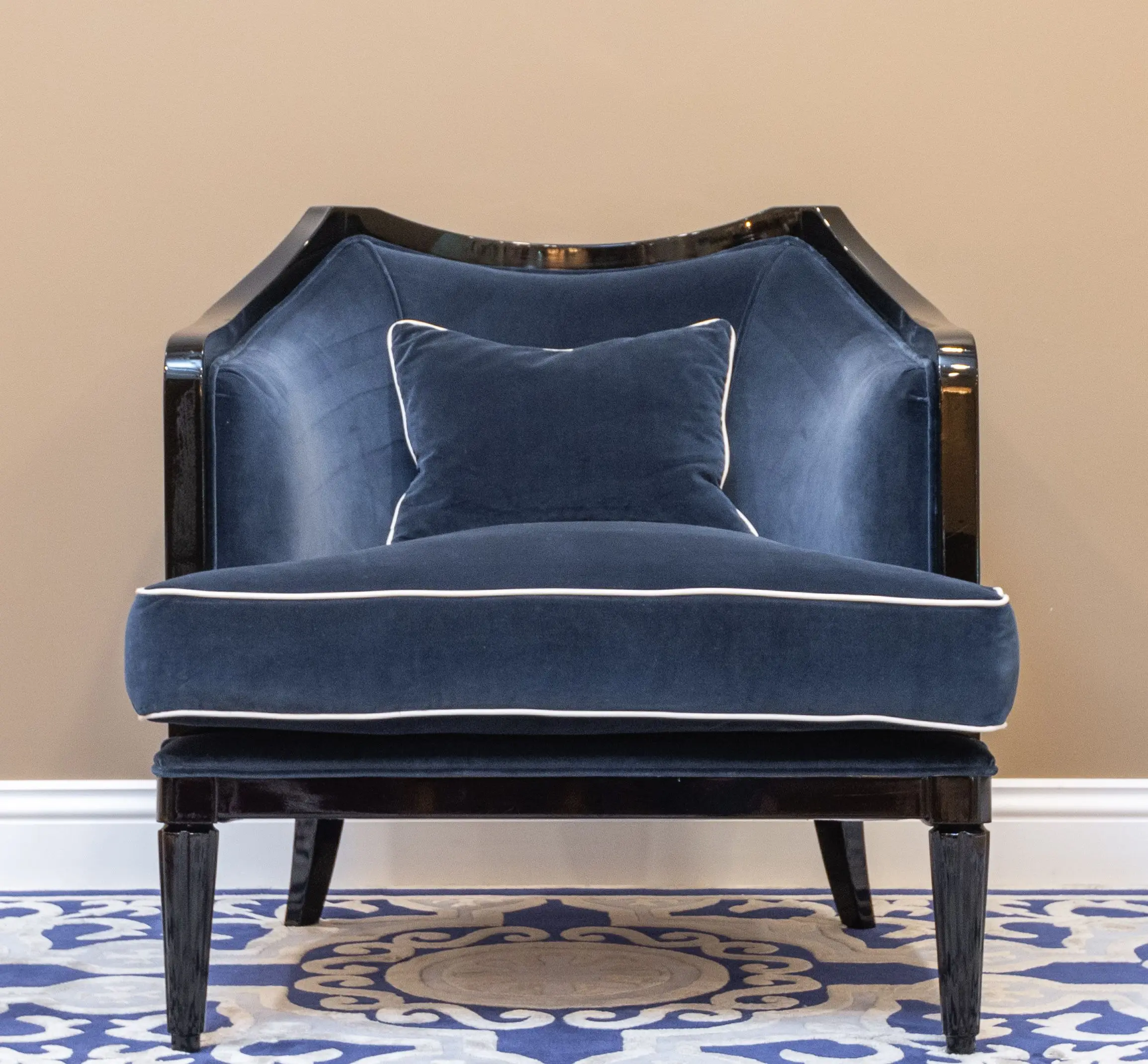 living room chairs set of 2 Luxurious blue velvet armchair with decorative patterns, ideal for elegant interior decor.