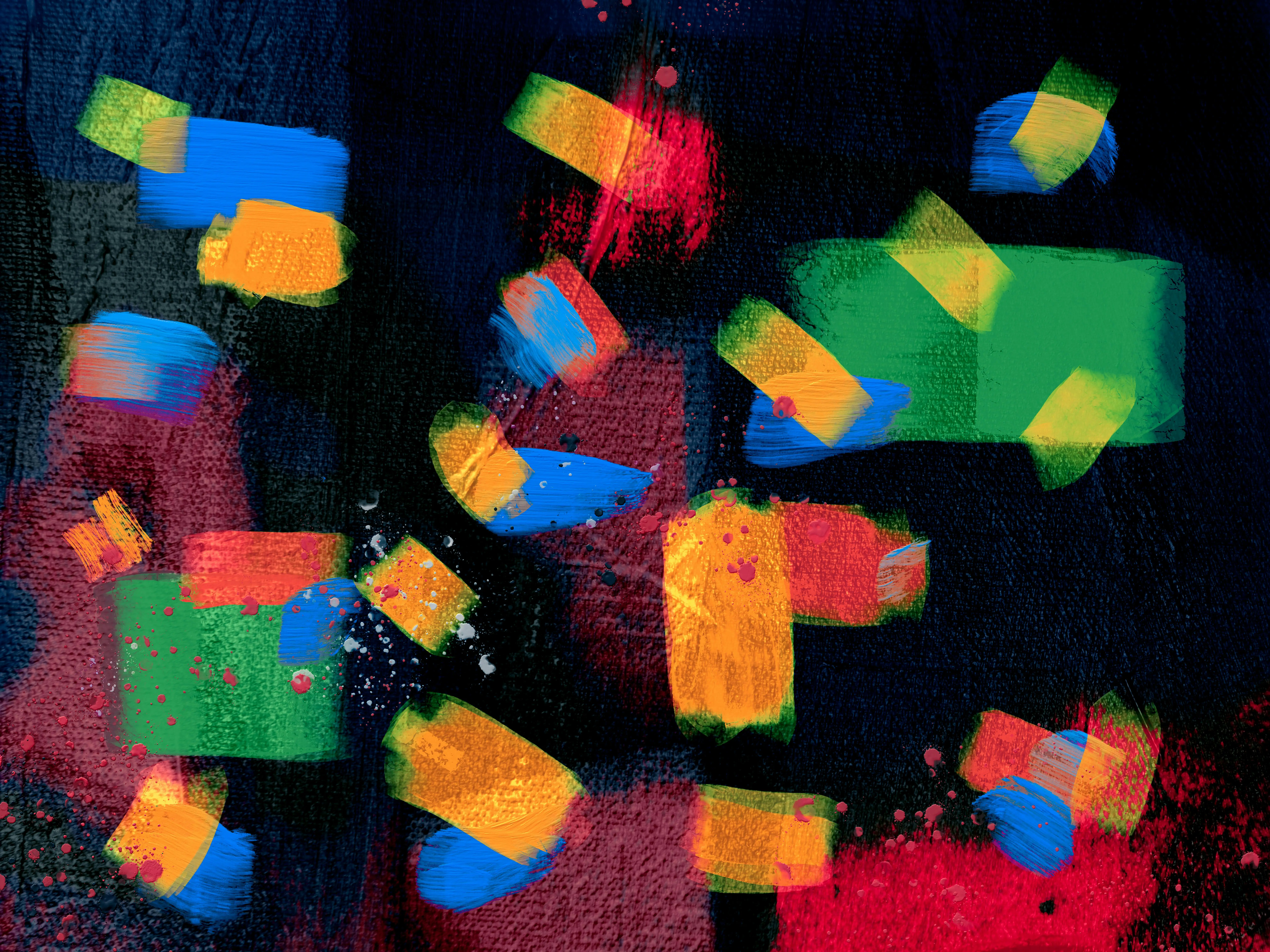 colorful art Bold and colorful abstract expressionist painting with textured brushstrokes and vibrant shapes.