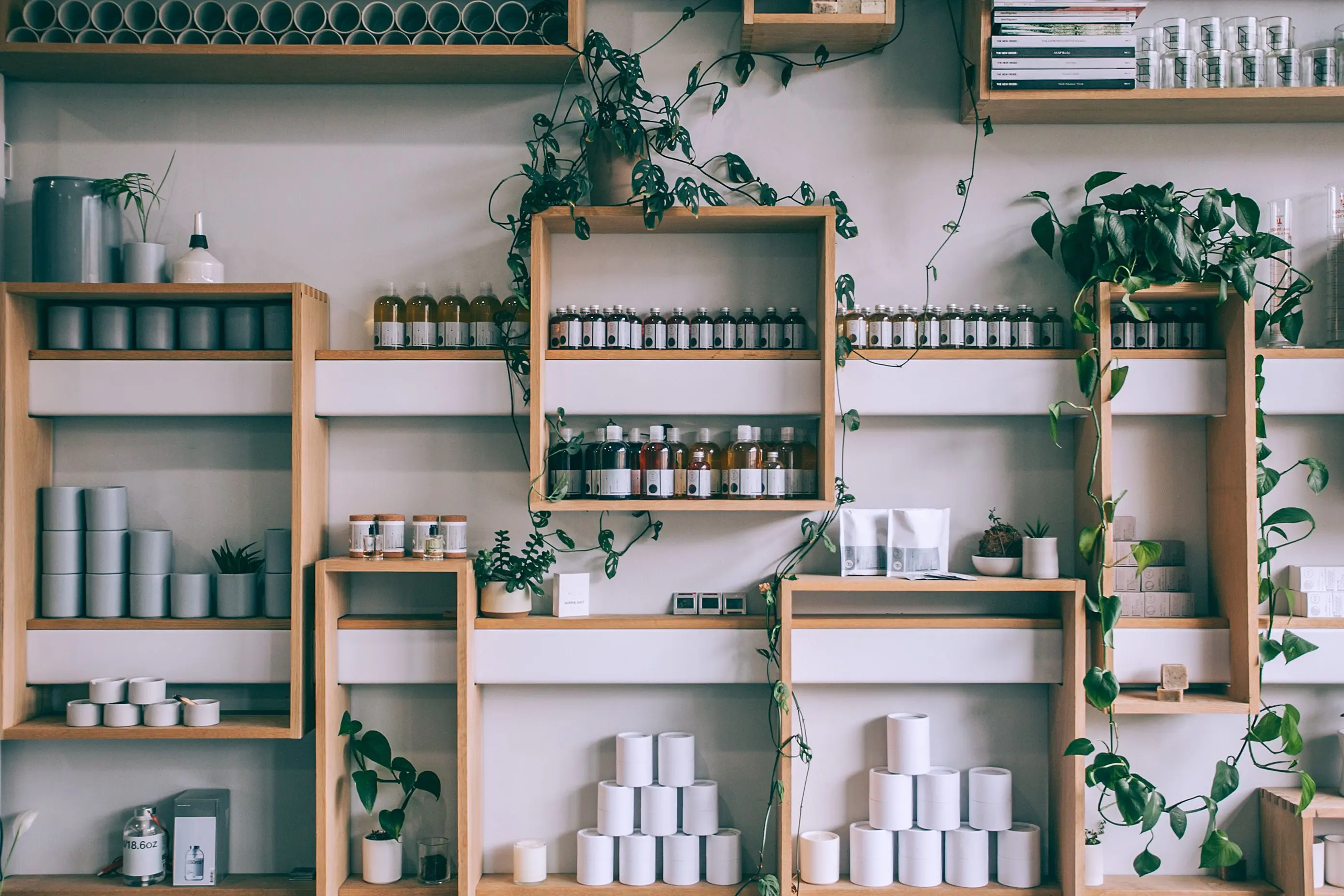 wood wall shelf Creative interior design of small shop with wooden shelves full of assorted colorful bottles and green plants