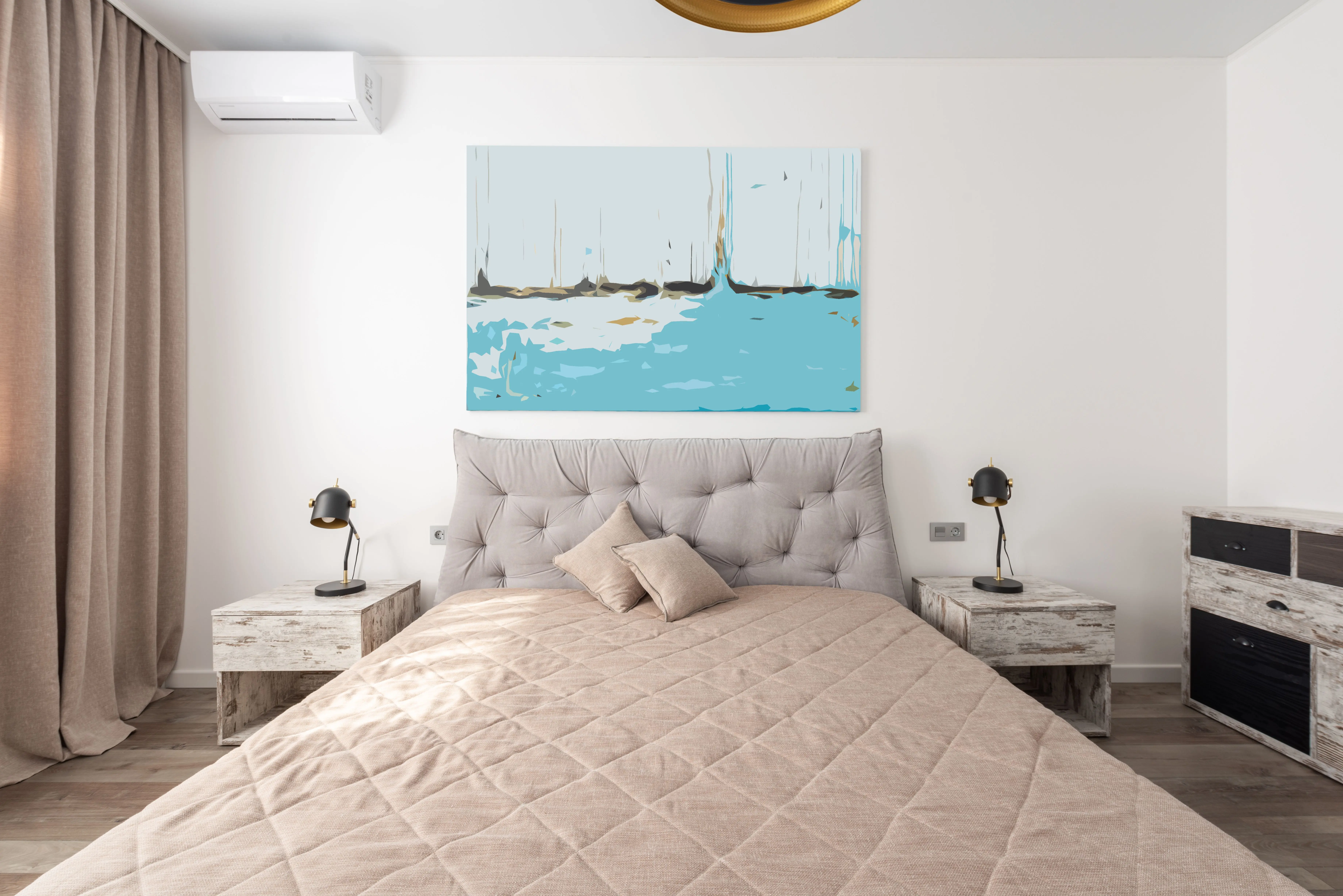 bedroom art Interior of modern light room with bed with soft headboard and bedside tables under painting in daylight
