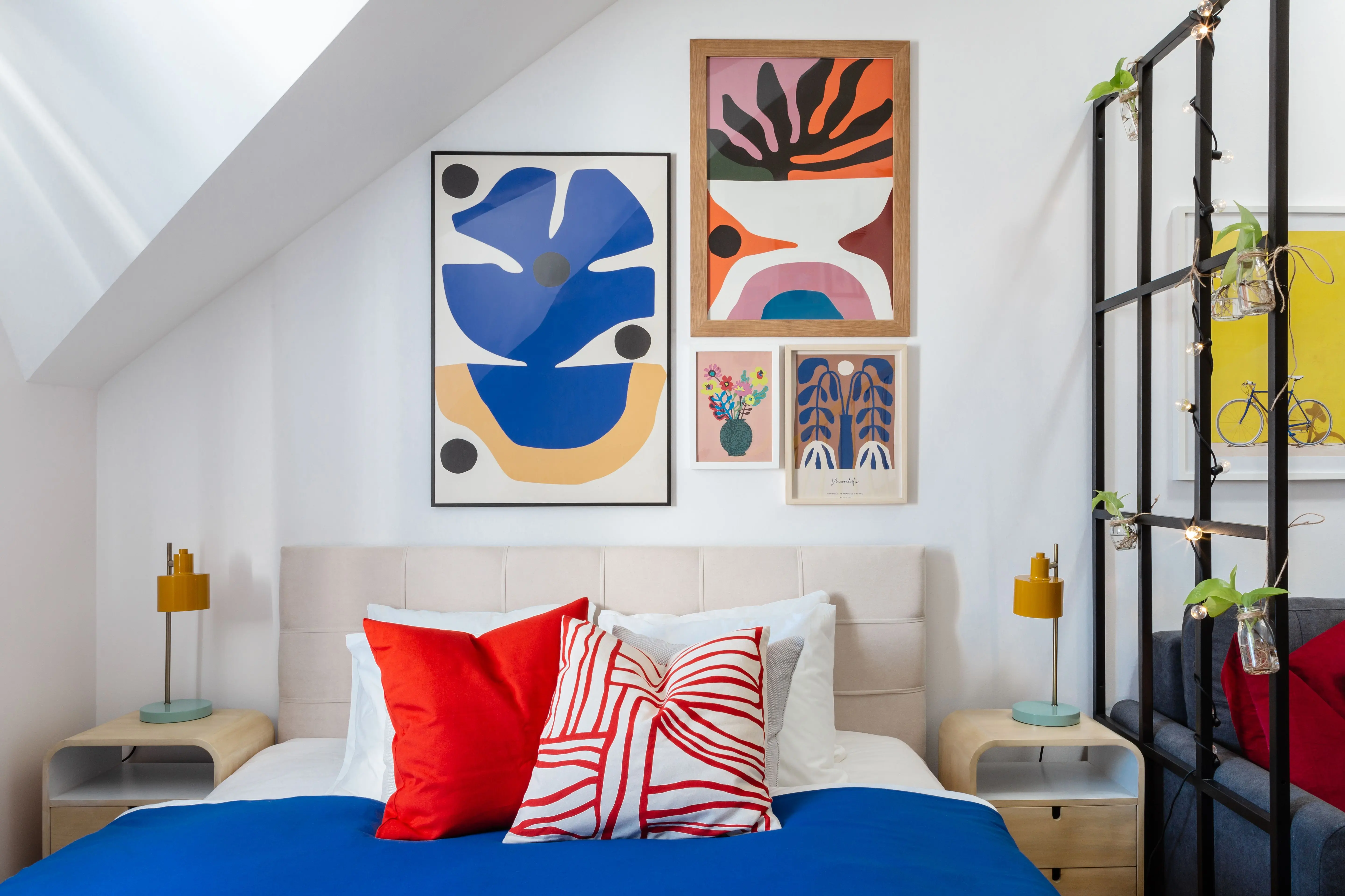 bedroom art Contemporary bedroom in Prague featuring bold art and colorful decor for a stylish look.