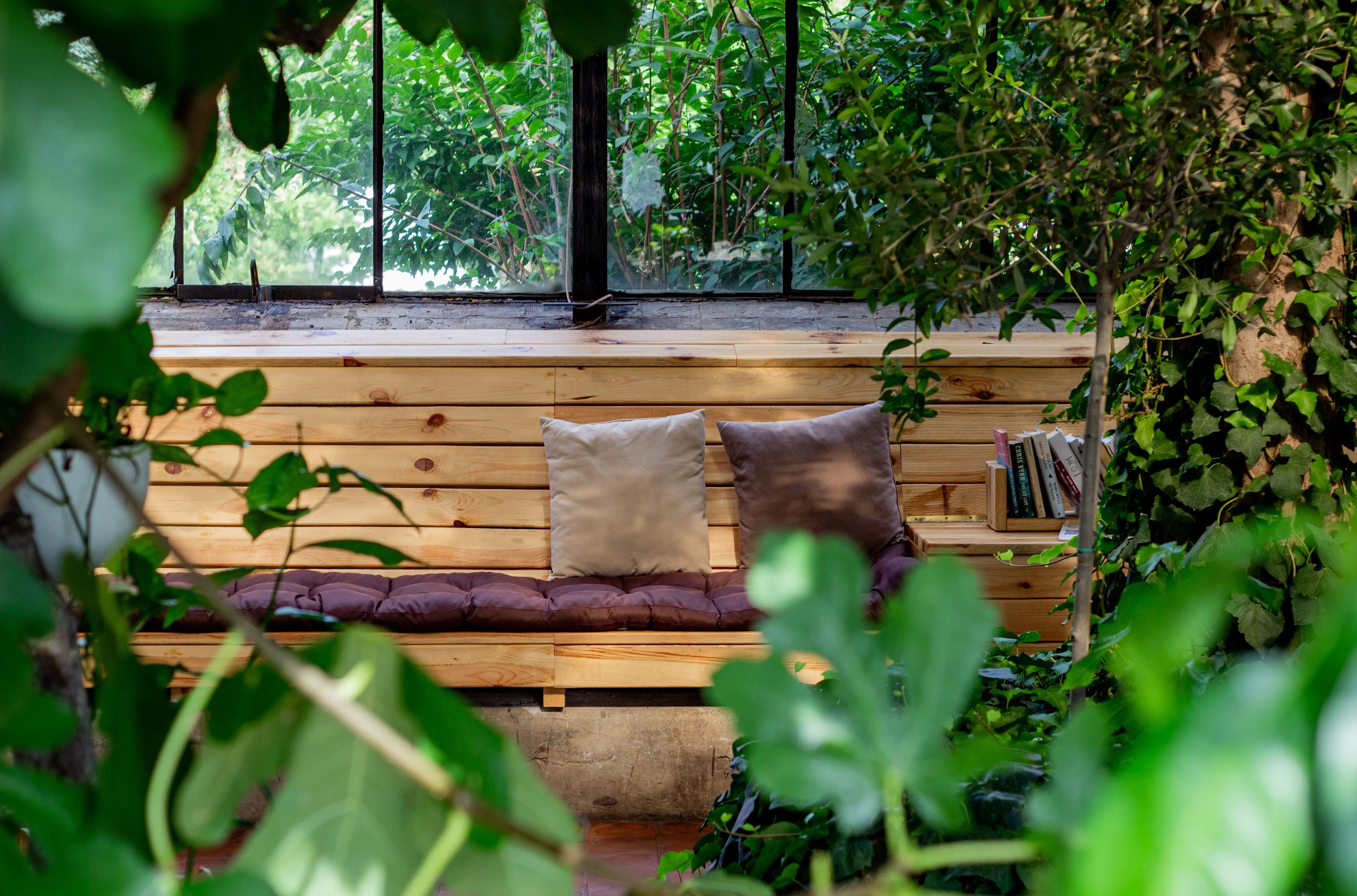 wood outdoor chairs A cozy wooden bench with cushions surrounded by lush greenery in a tranquil greenhouse setting.