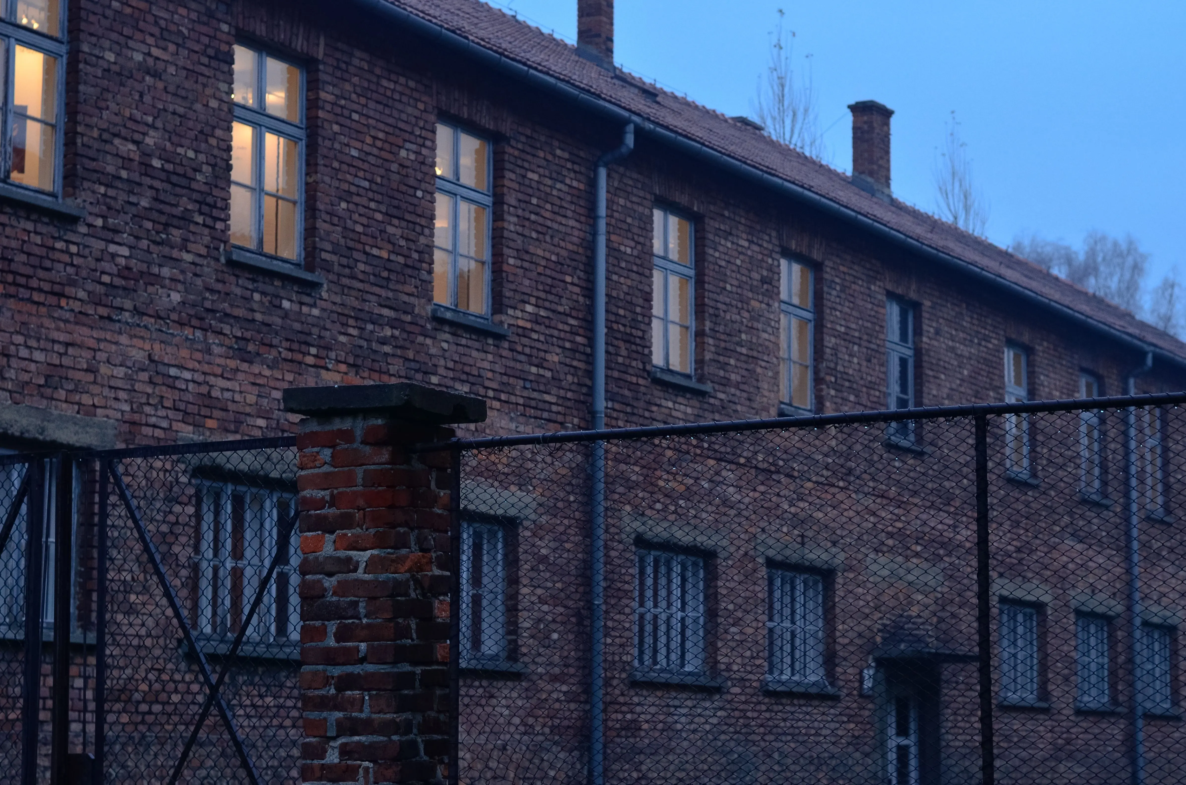 small black beetle A brick building with a fence at Auschwitz concentration camp during the day.