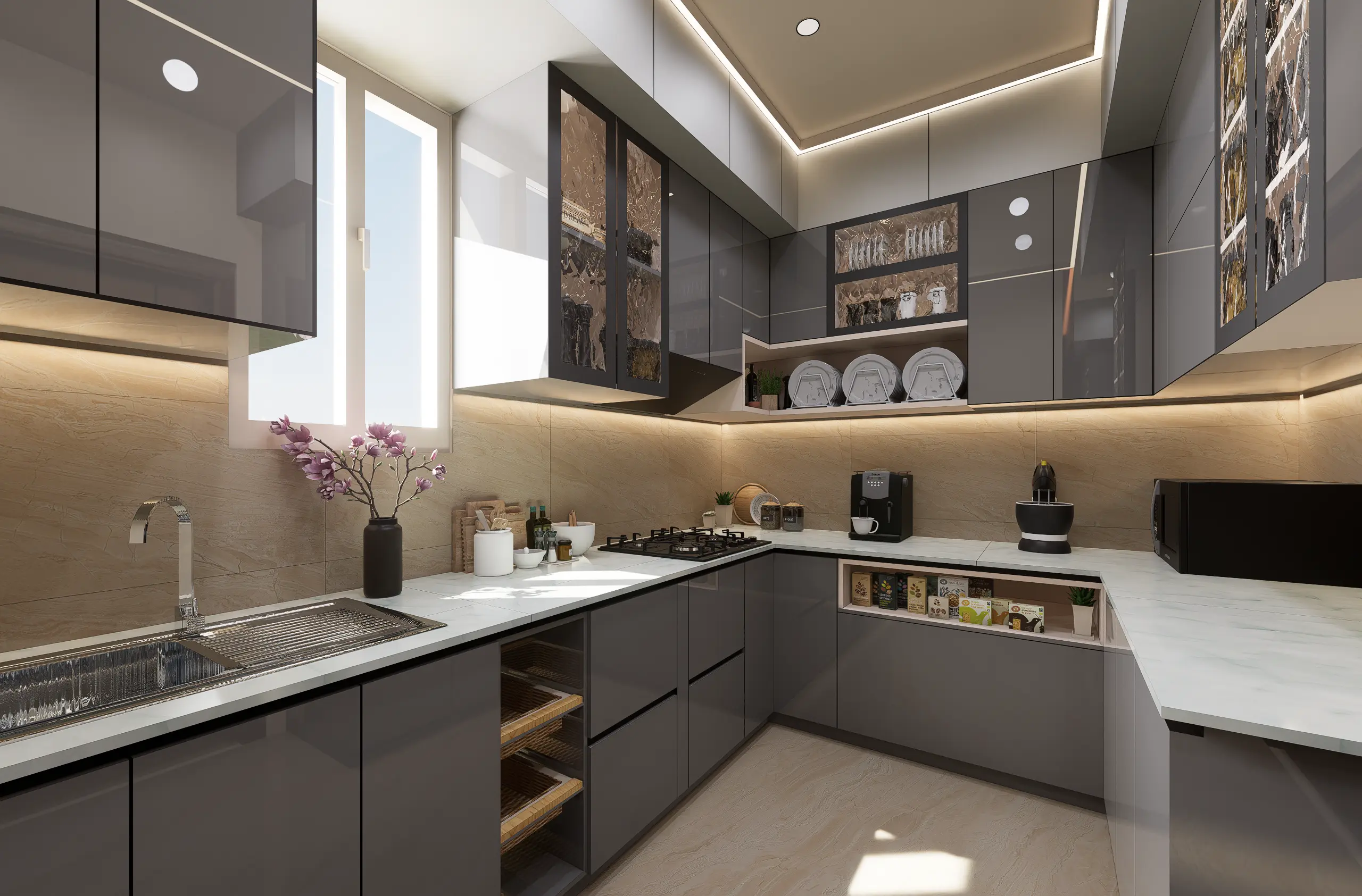 dark gray kitchen cabinets Sleek and modern kitchen with grey cabinets, natural light, and minimalist decor.