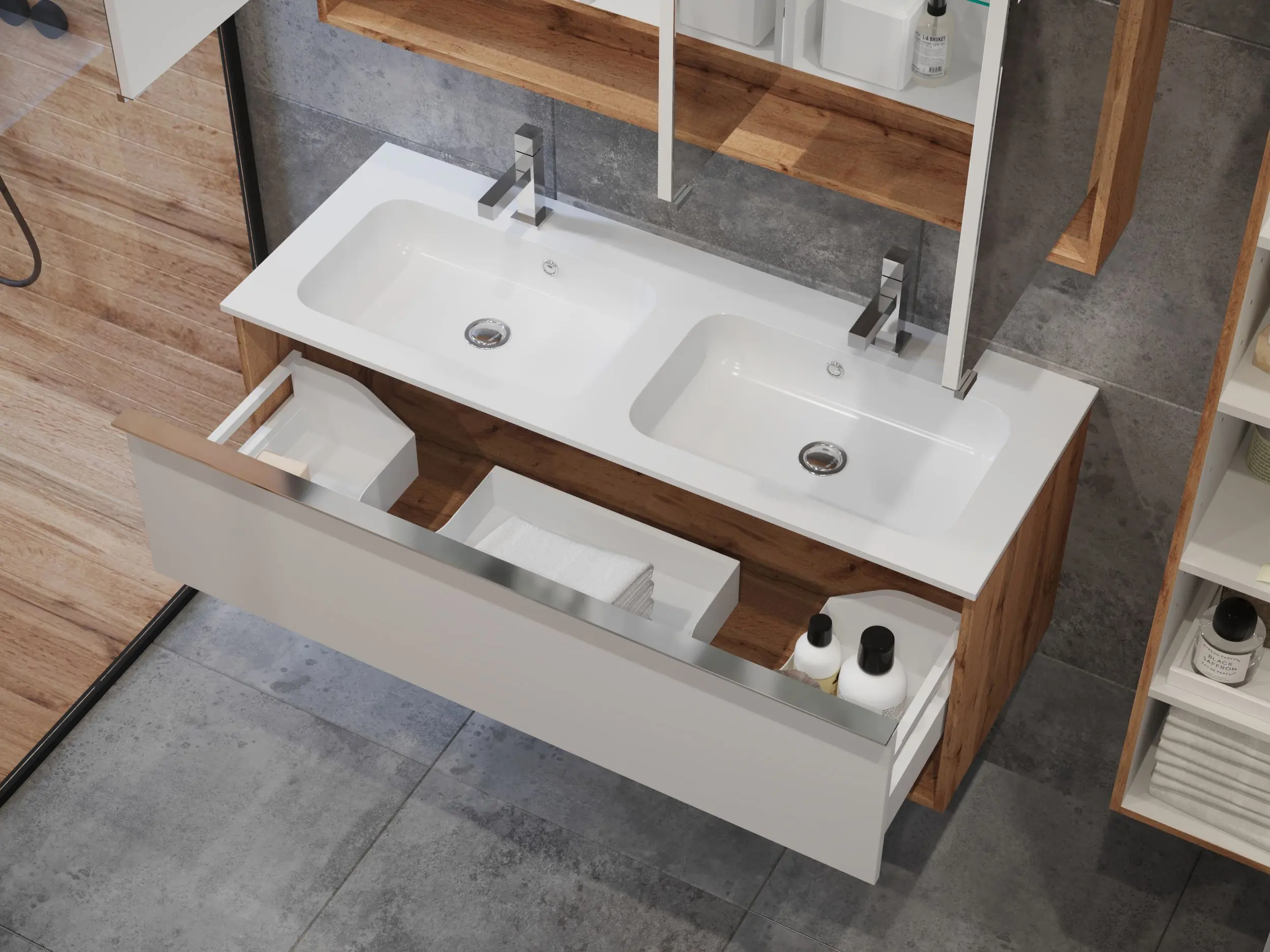 wood bathroom vanities Contemporary bathroom vanity featuring a double sink and open drawer in a stylish setting.