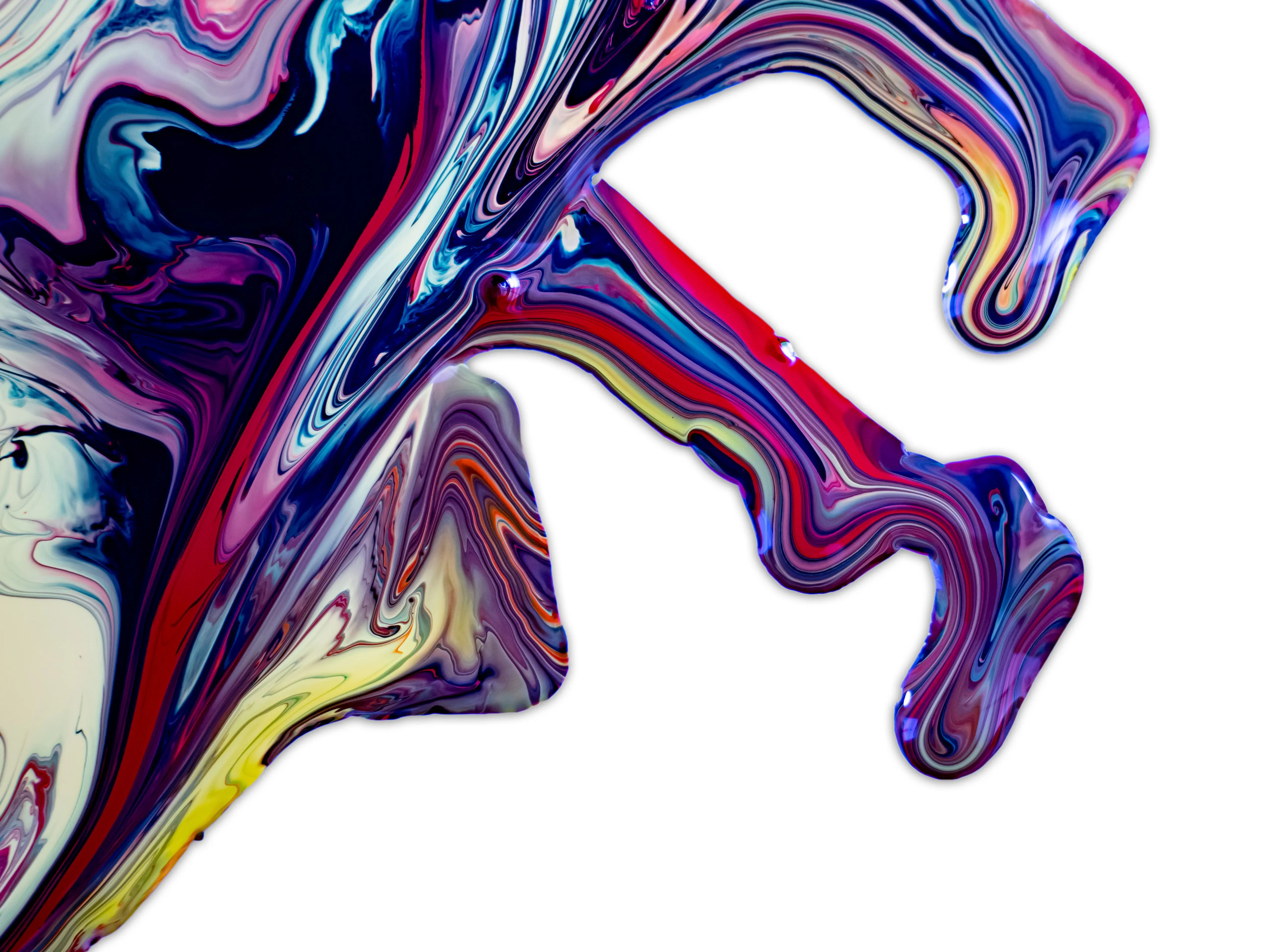 a water based paint Dynamic and colorful fluid acrylic paint art with intricate swirls and patterns on a white surface.