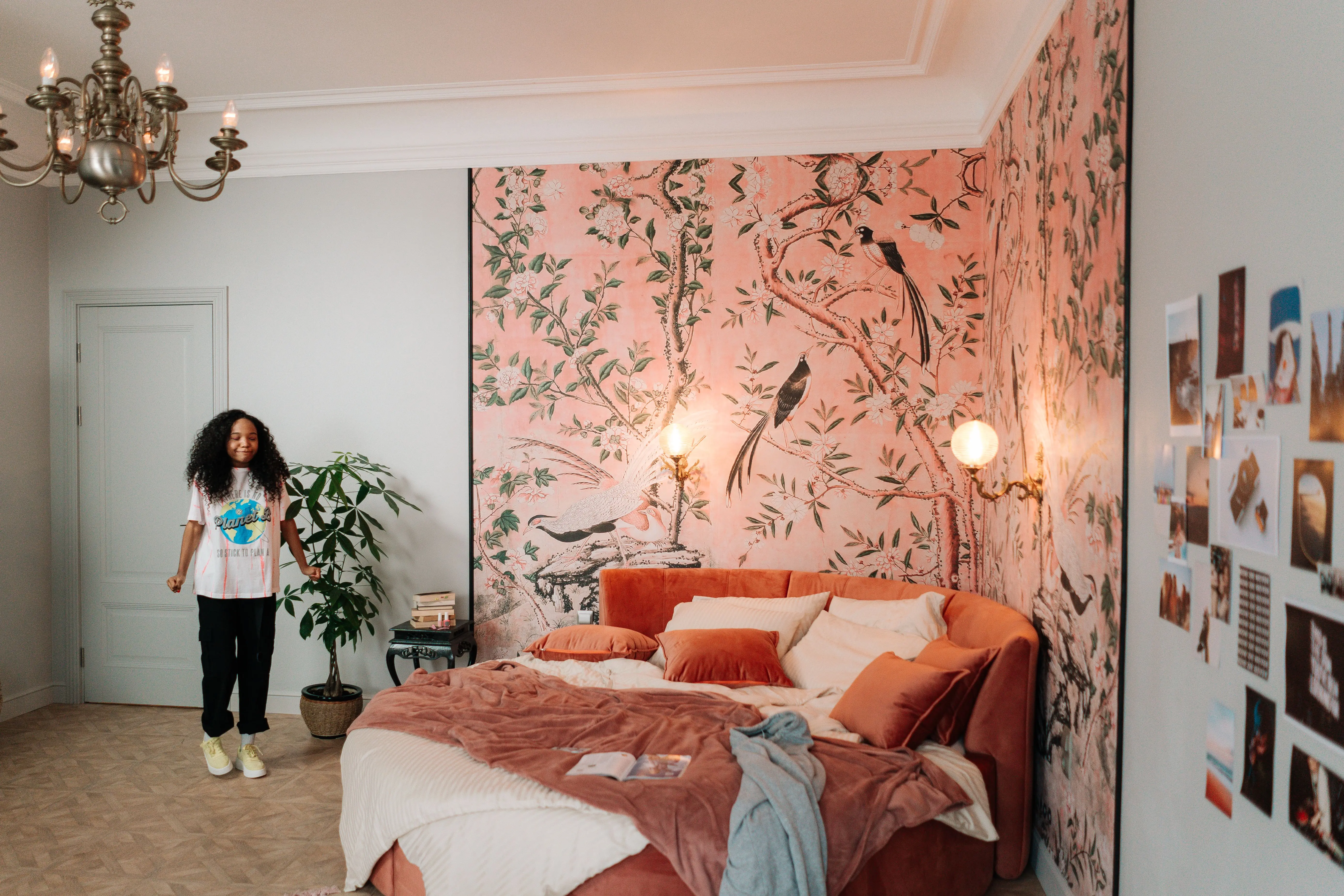 twin platform bed with storage Stylish bedroom featuring a teenager, vibrant wallpaper, and eclectic decor.