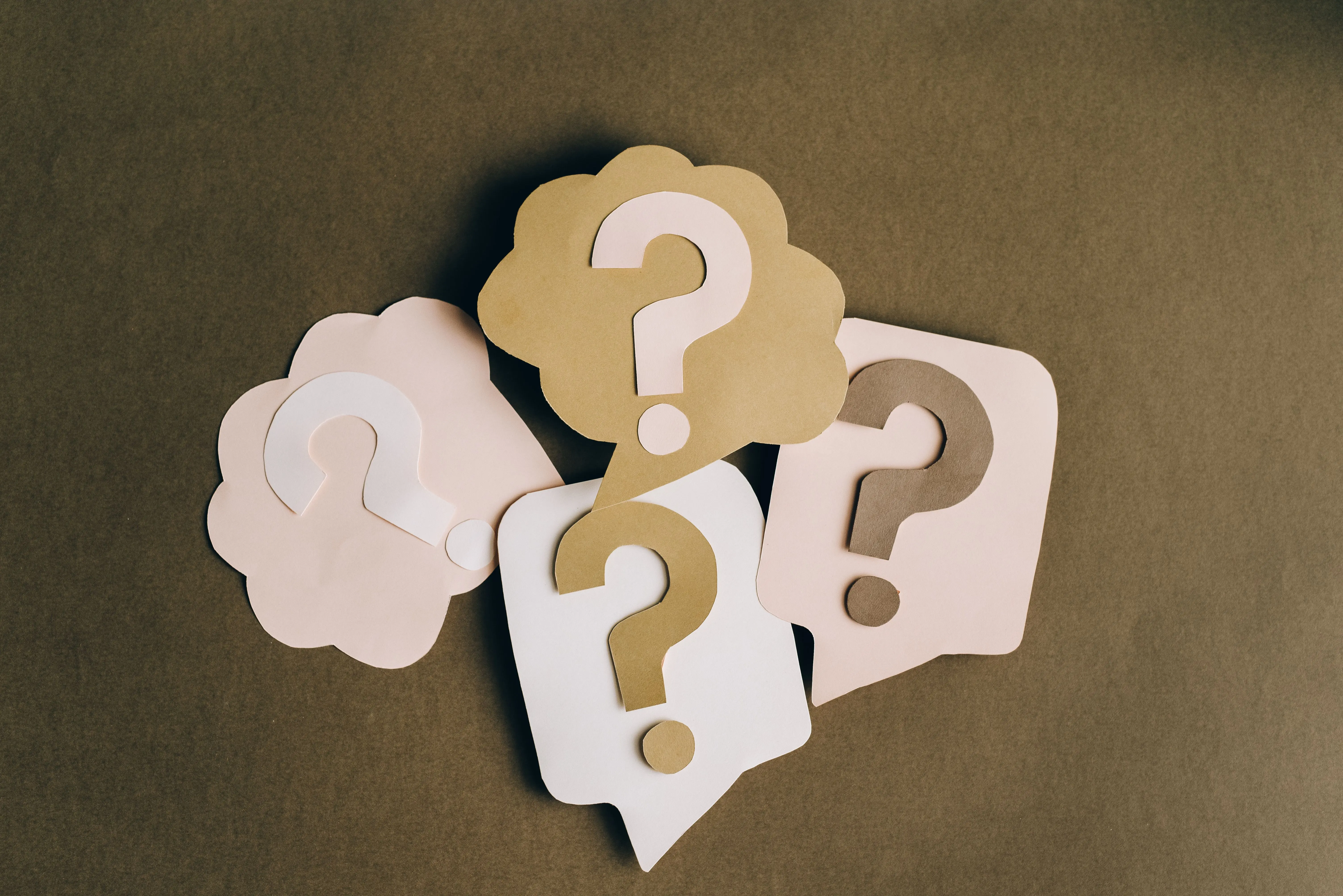 wall primer Four paper cutouts of question marks in beige and white on a brown surface, symbolizing inquiry and curiosity.
