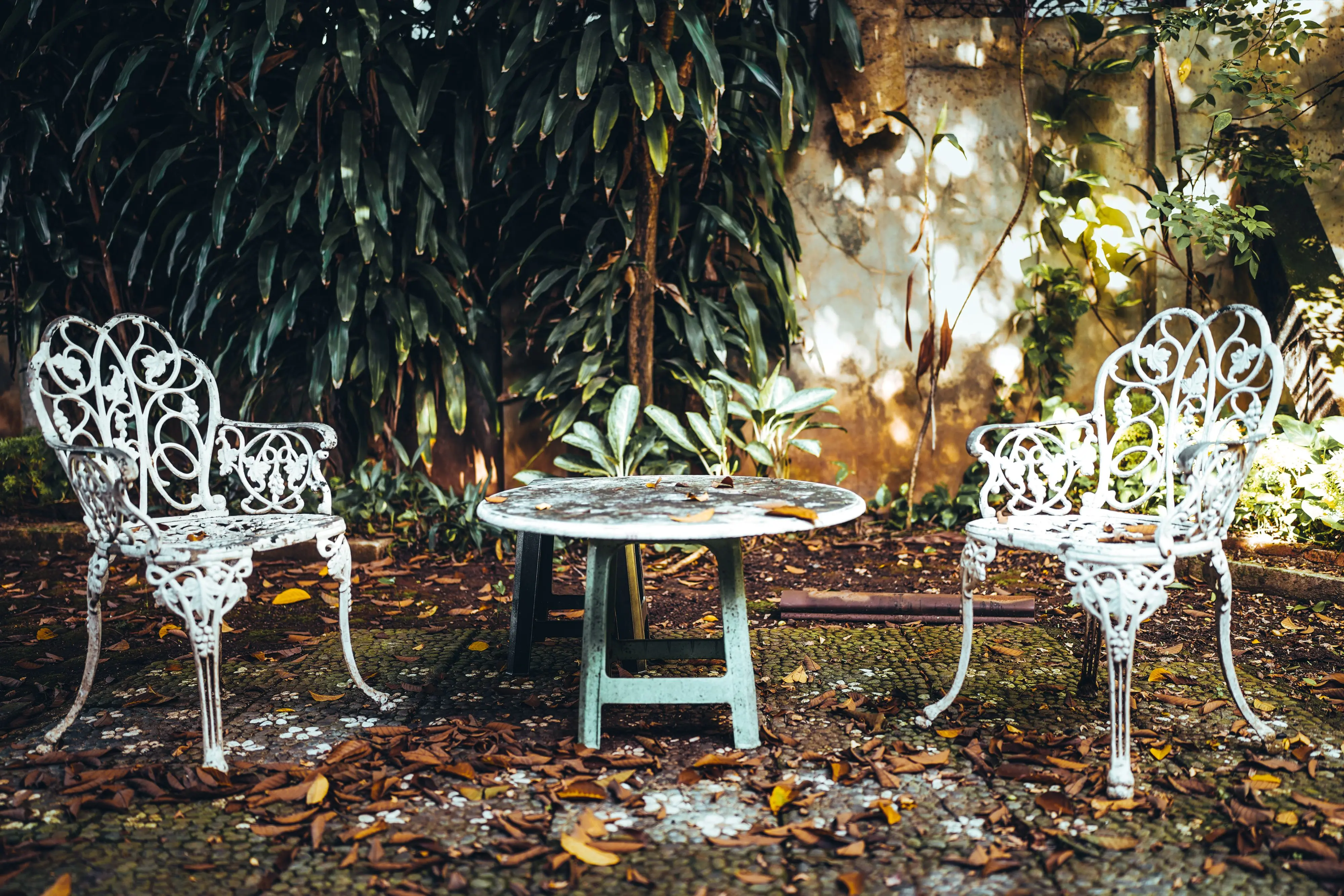 wrought iron patio furniture sets Vintage cast iron chairs and table in a serene garden with lush foliage, ideal for relaxation.