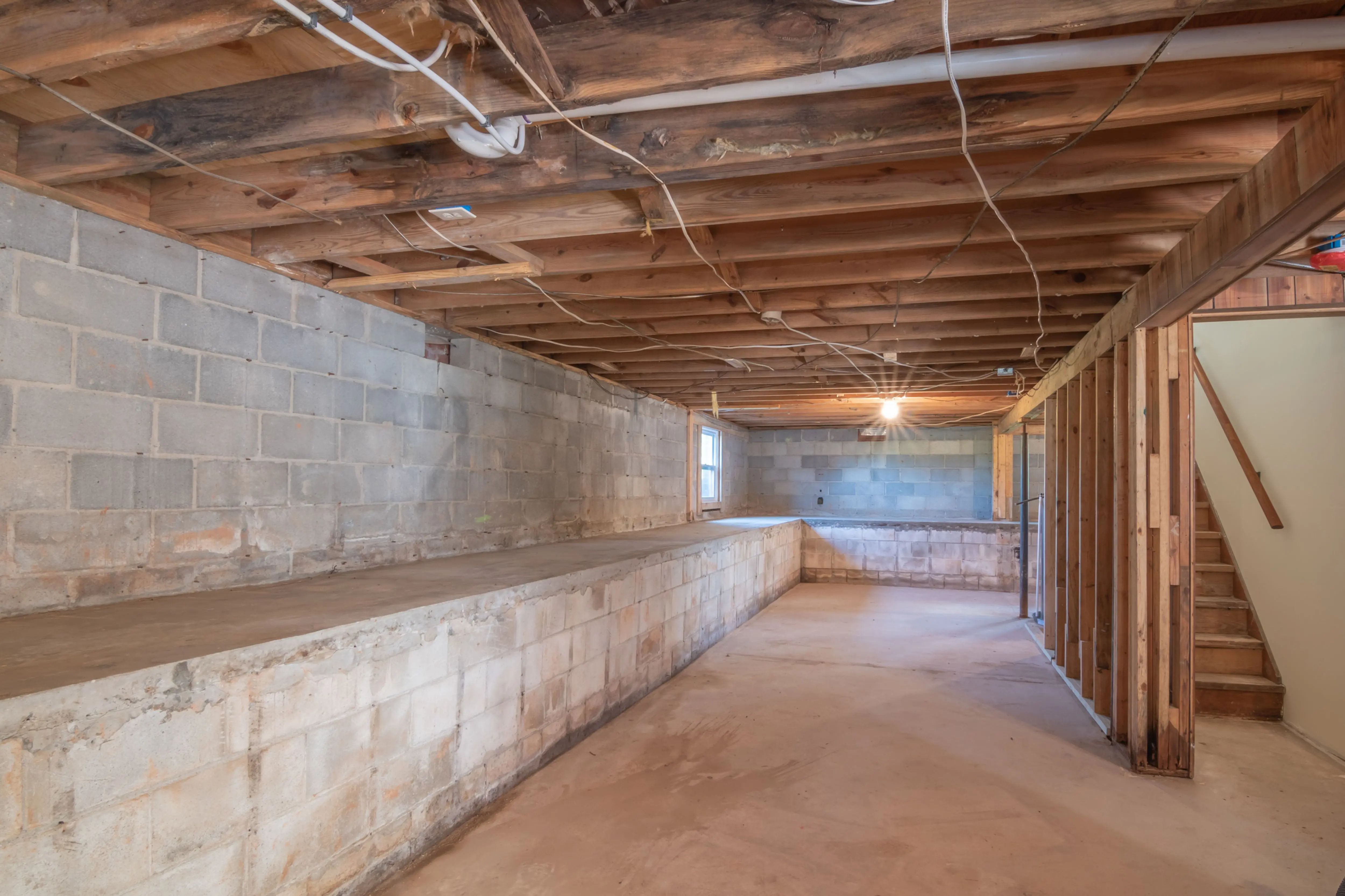 basement remodel cost Empty basement with exposed wooden beams, concrete walls and stairs.