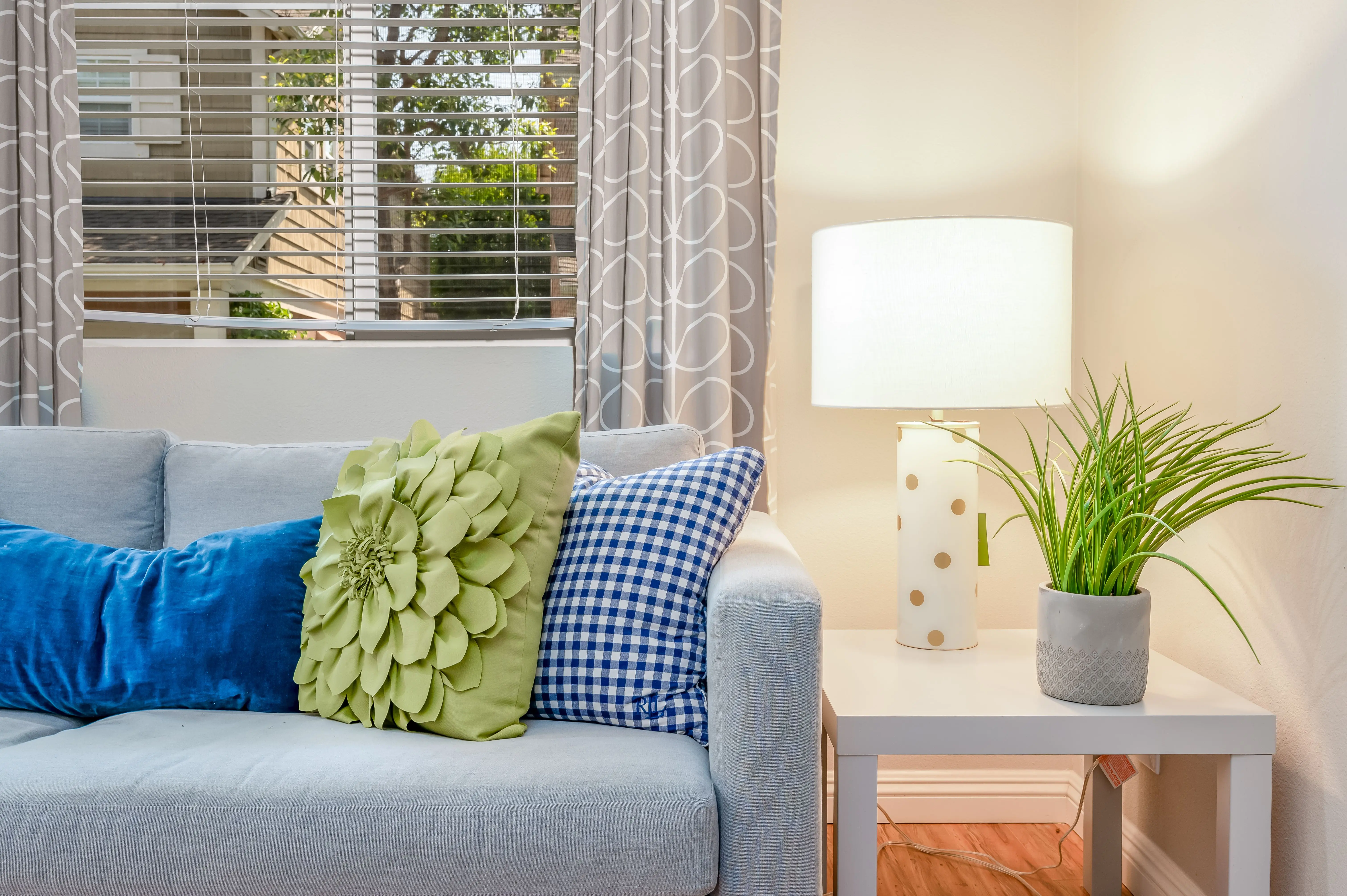 light blue throw pillows Bright living room featuring a soft sofa with vibrant pillows, a stylish table lamp, and a lush green plant.