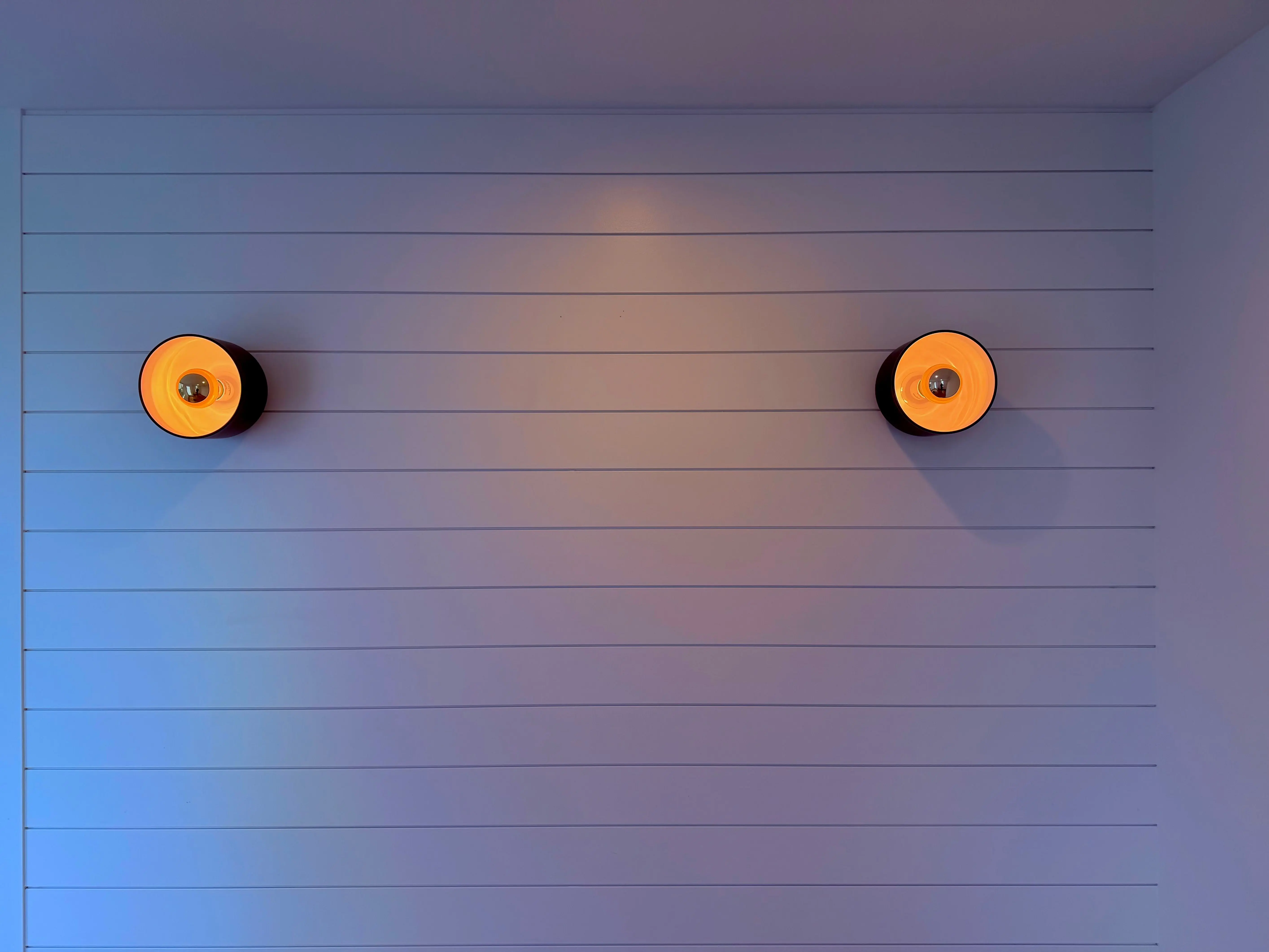 outdoor sconce lights Stylish modern interior with two wall sconces illuminating a paneled wall.