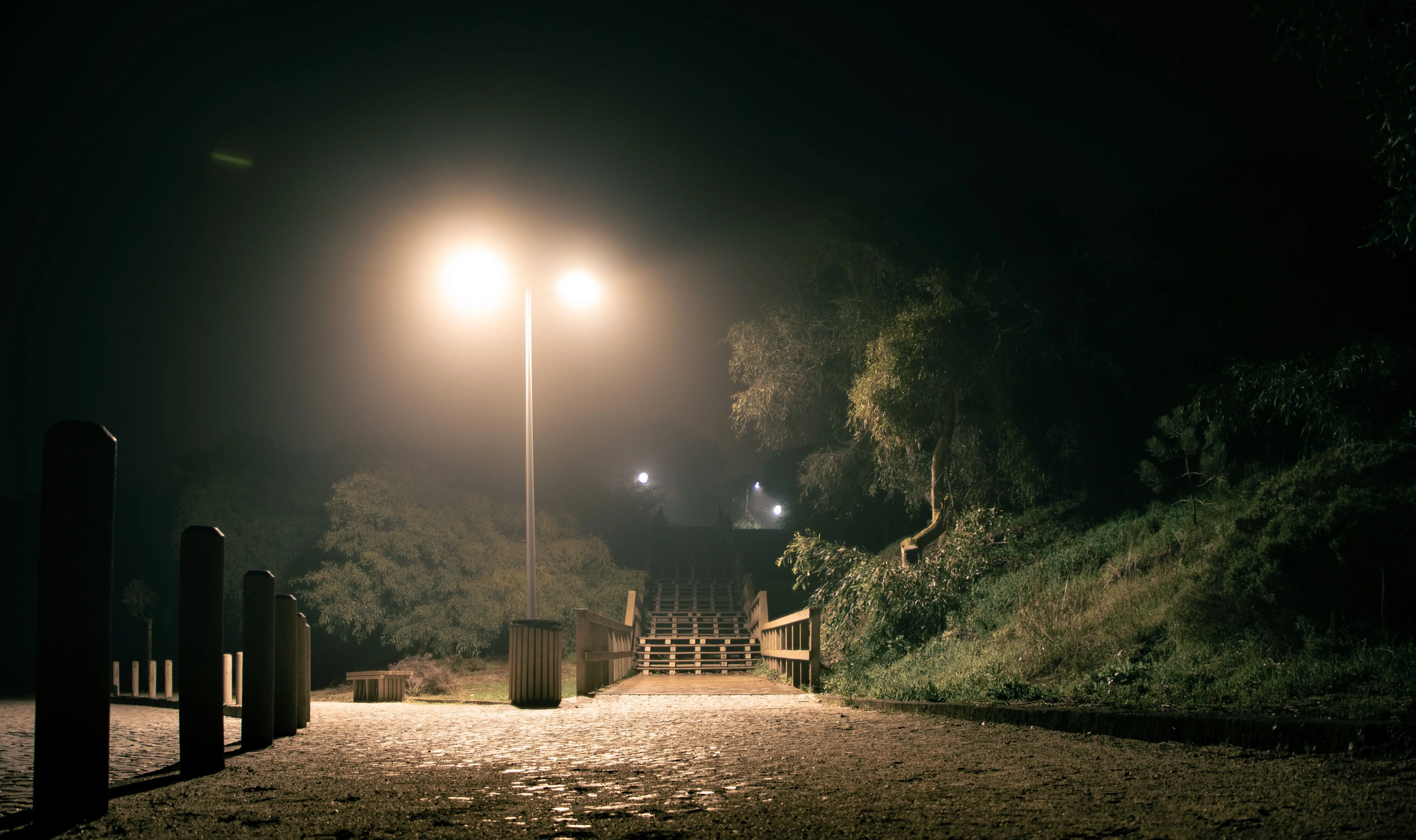 outdoor path lights Peaceful night scene in a park, featuring illuminated walkway and streetlight, enhancing a tranquil atmosphere.