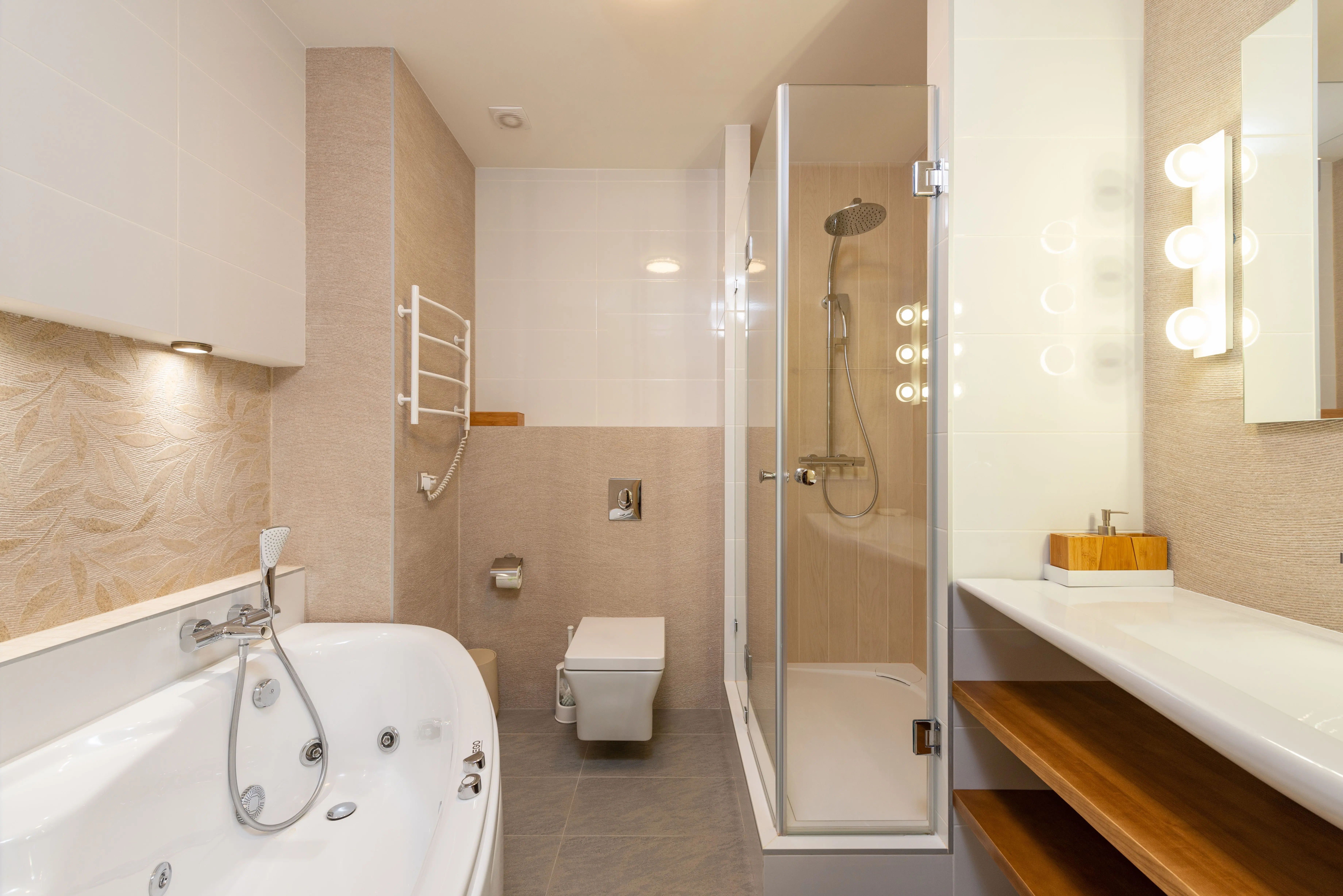 small master bathroom designs Contemporary bathroom featuring bathtub, shower, and elegant interior design elements.