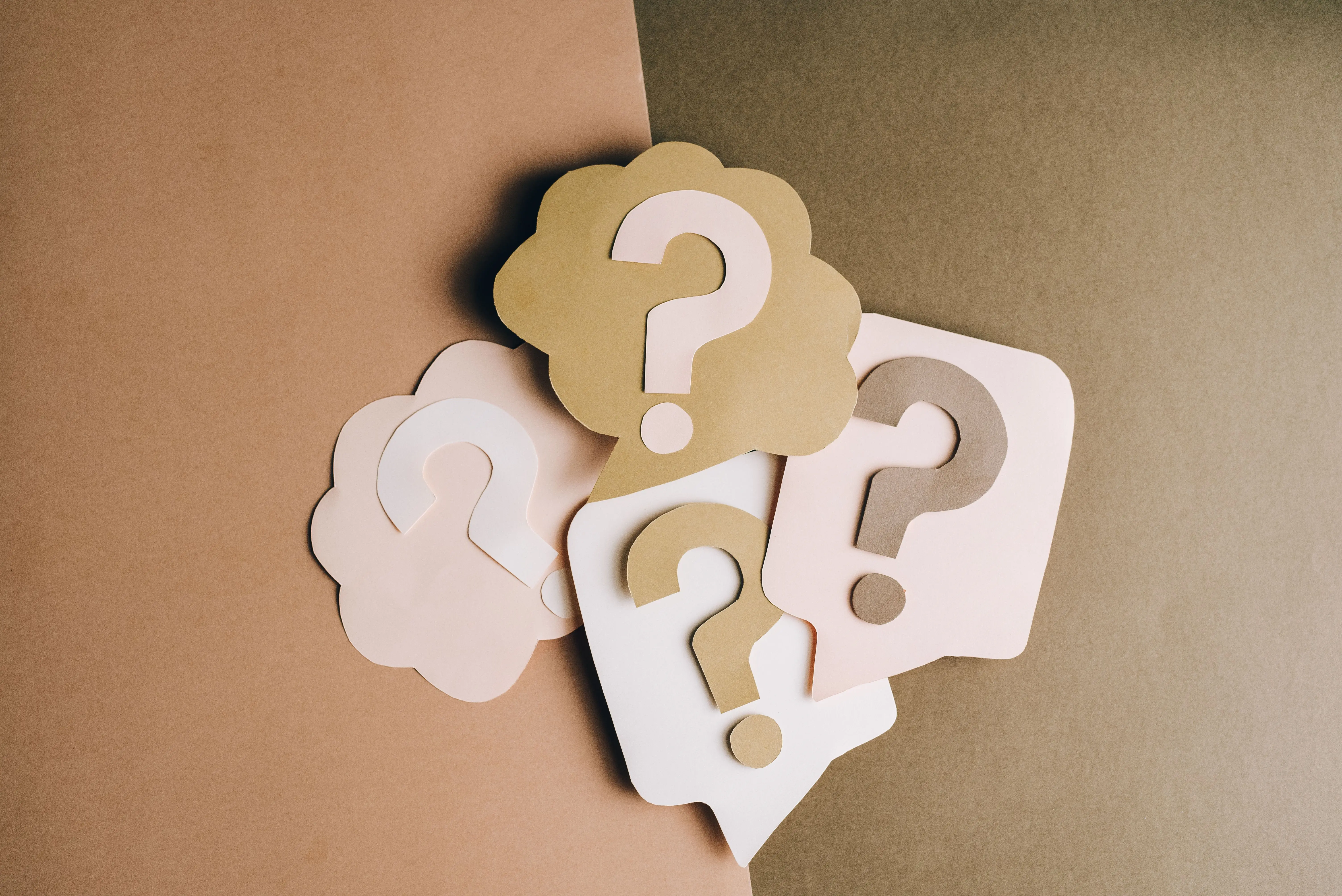 self watering garden Question mark cutouts in layered paper craft style on a brown backdrop, conceptual art.