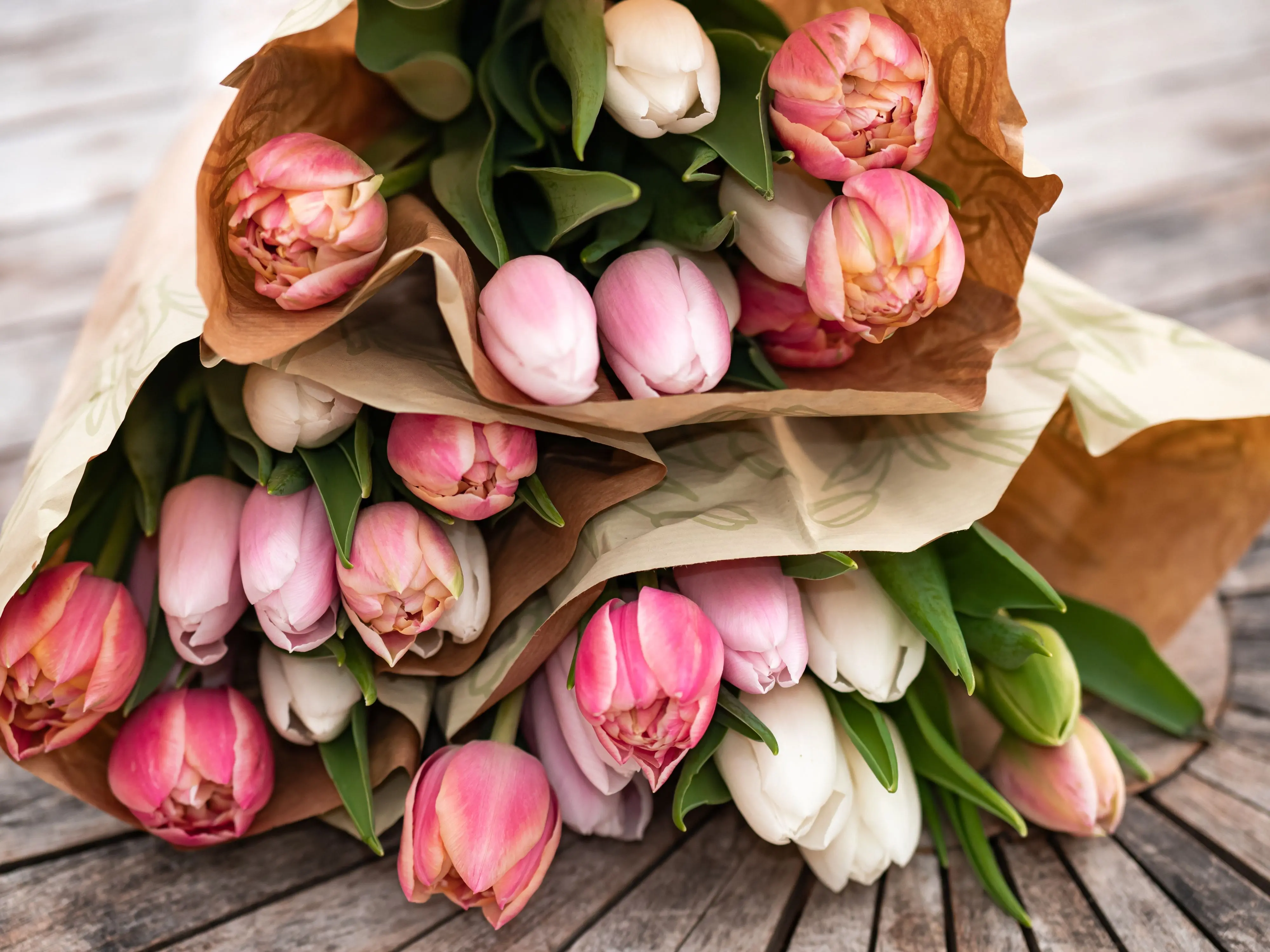 huge bouquet of flowers Close-up of pink and white tulip bouquets wrapped in paper on a wooden table.