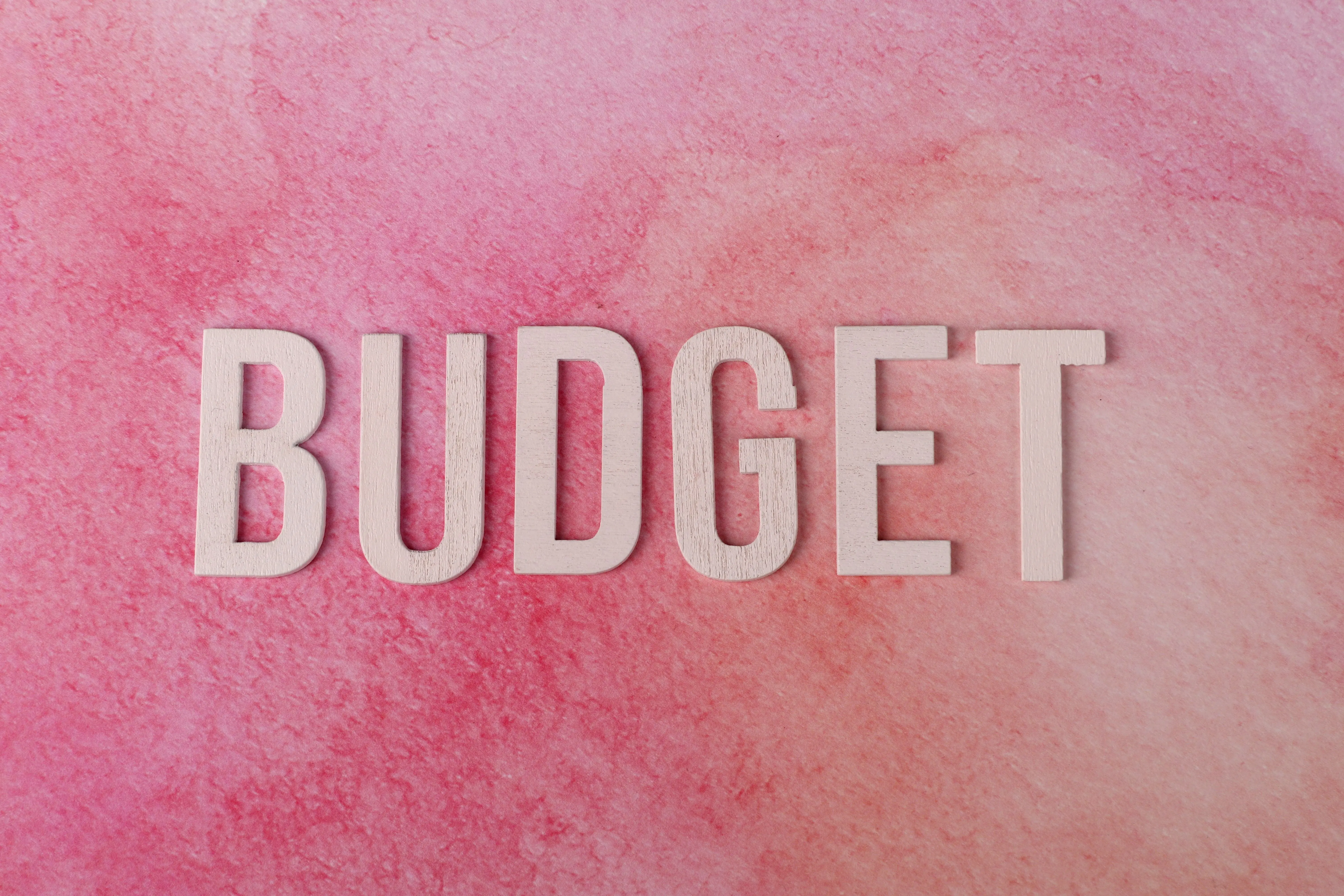 painting price per square foot The word 'BUDGET' on a pink textured background emphasizes financial planning.