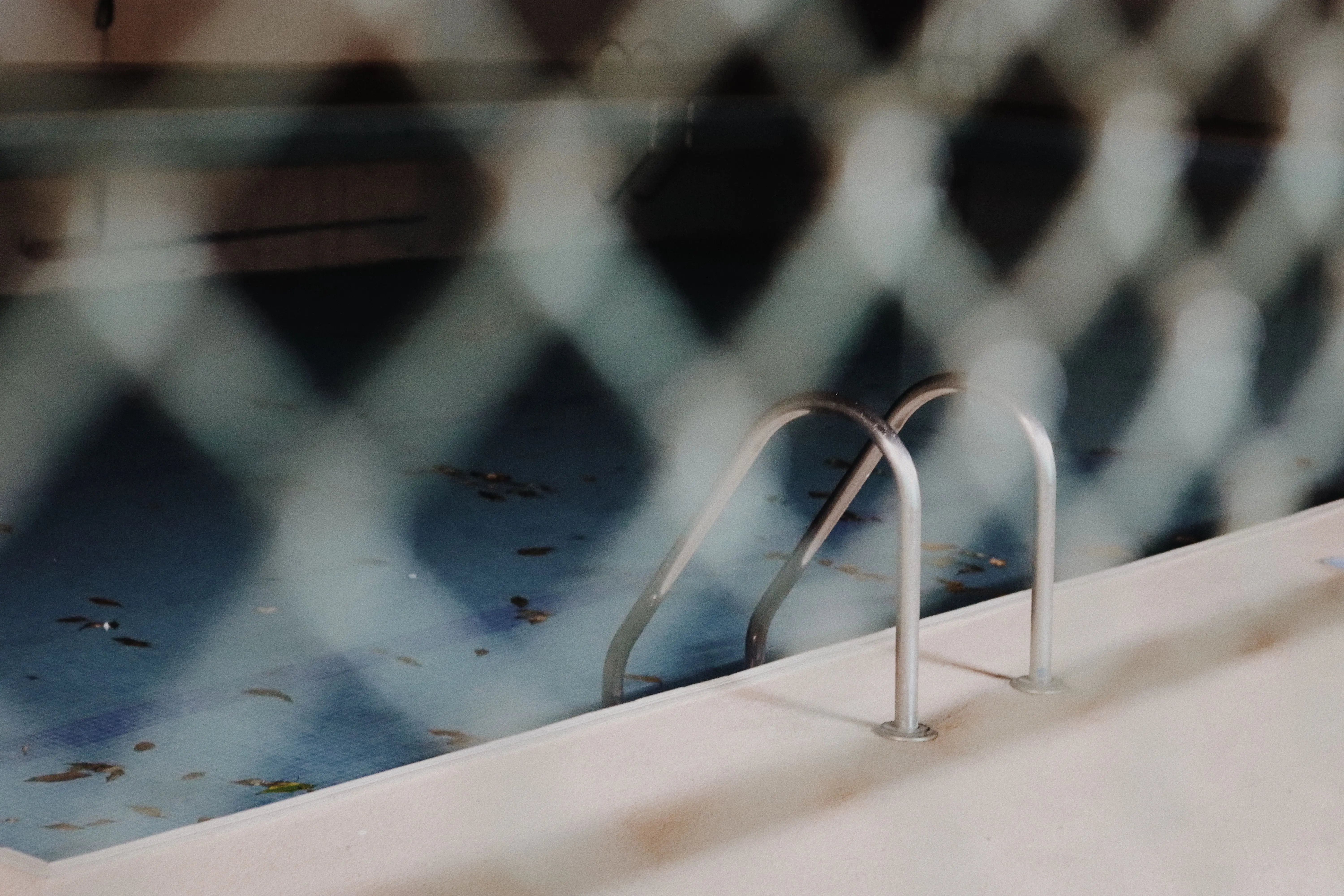 pool gates A view of a neglected swimming pool with a metal ladder, seen through a chain-link fence.