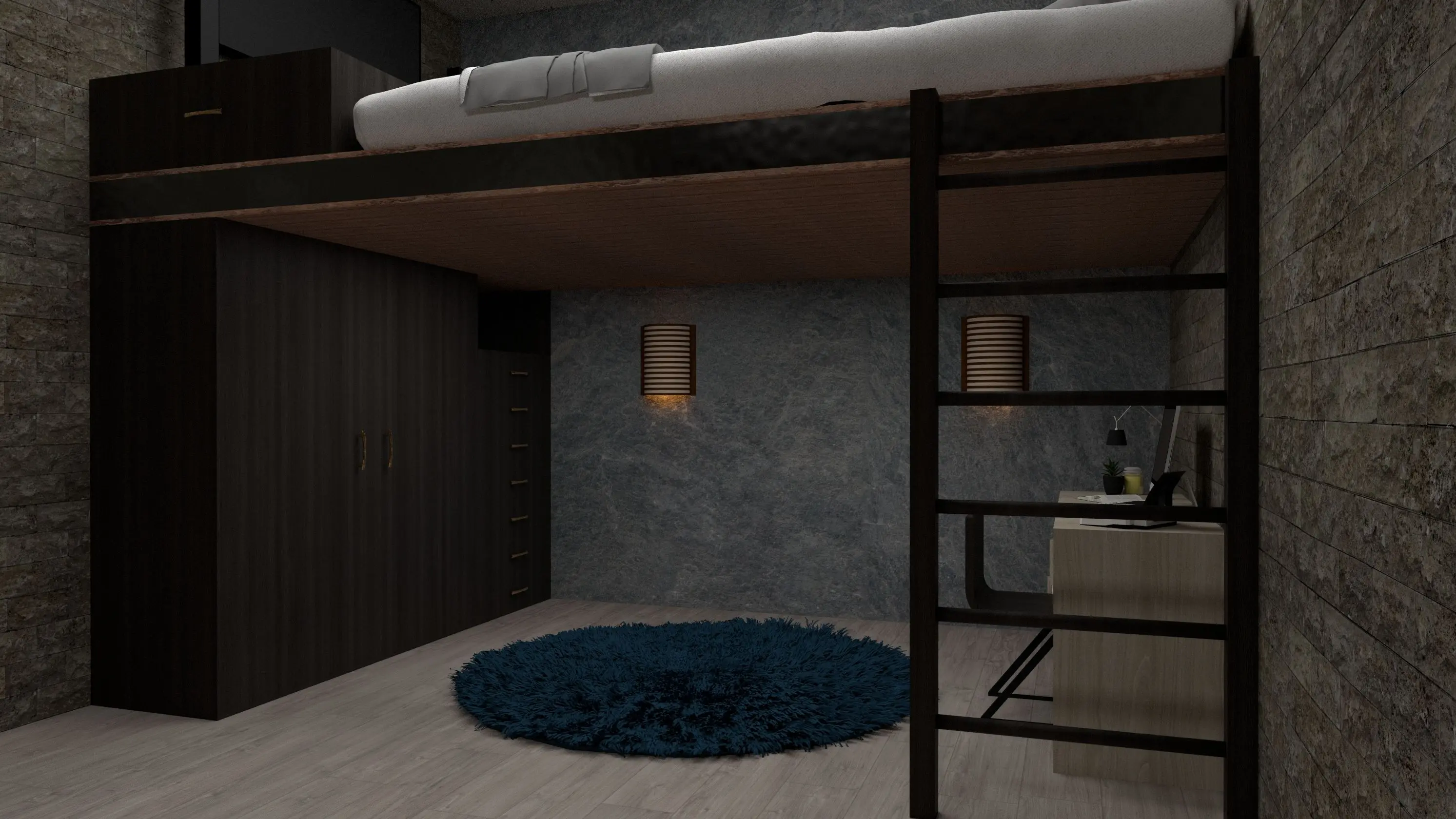 queen bed storage bed Stylish modern loft bedroom with minimalist design and multifunctional furniture.