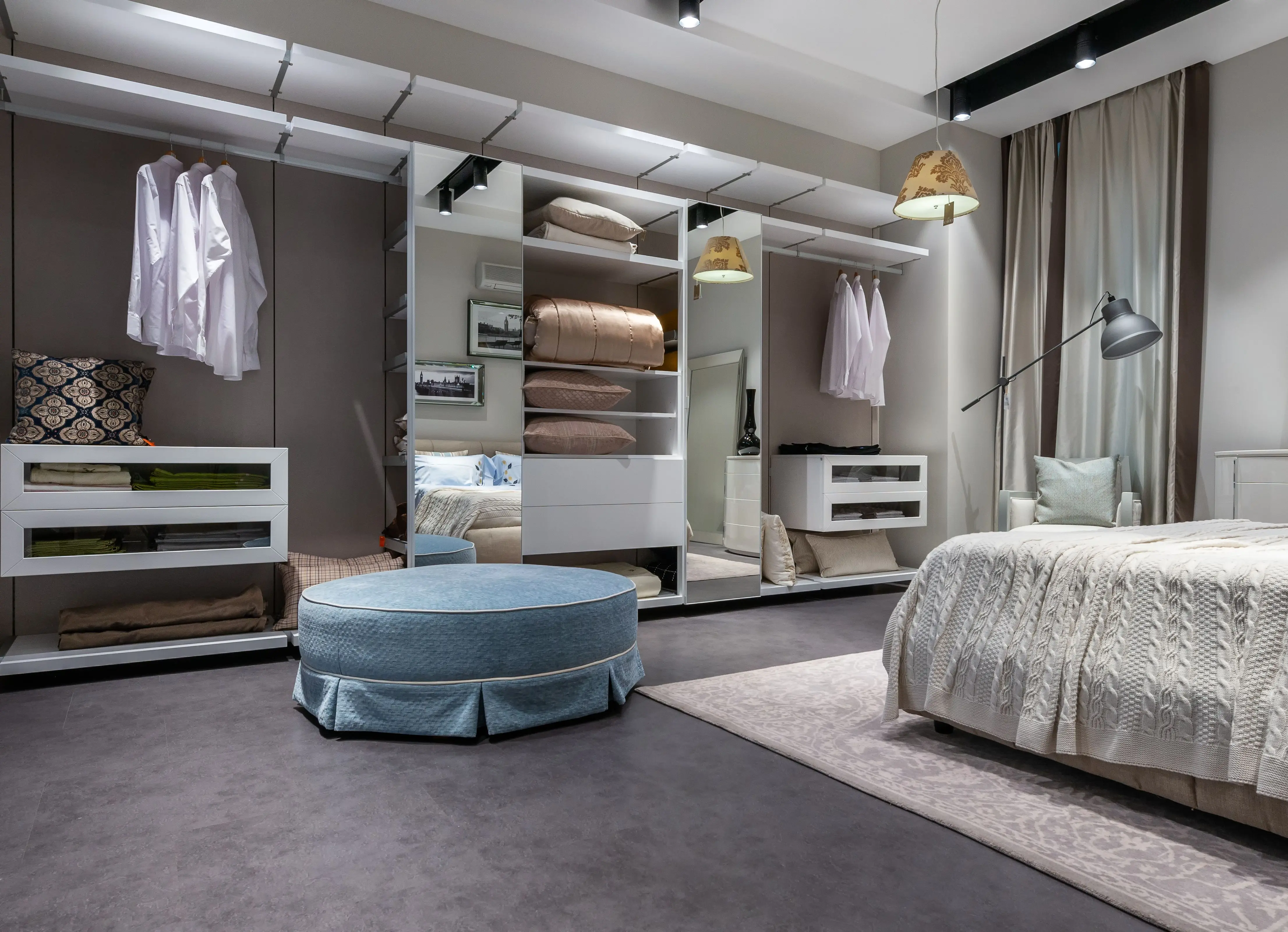 queen bed storage bed Interior of design of modern bedroom with comfortable bed carpet and built in wardrobe
