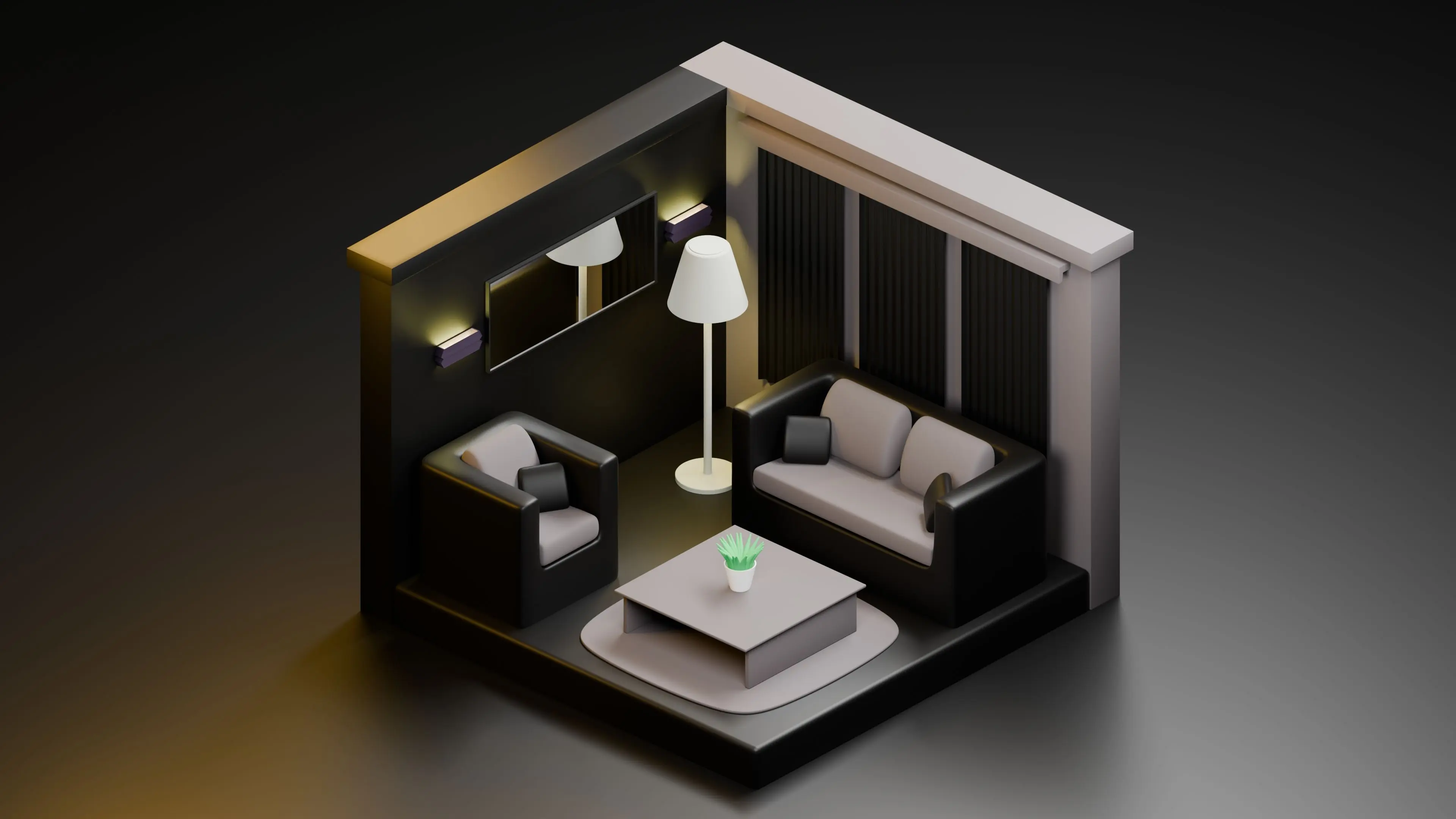 secondary furniture grouping Stylish 3D rendering of a chic, modern living room with minimalist design elements.