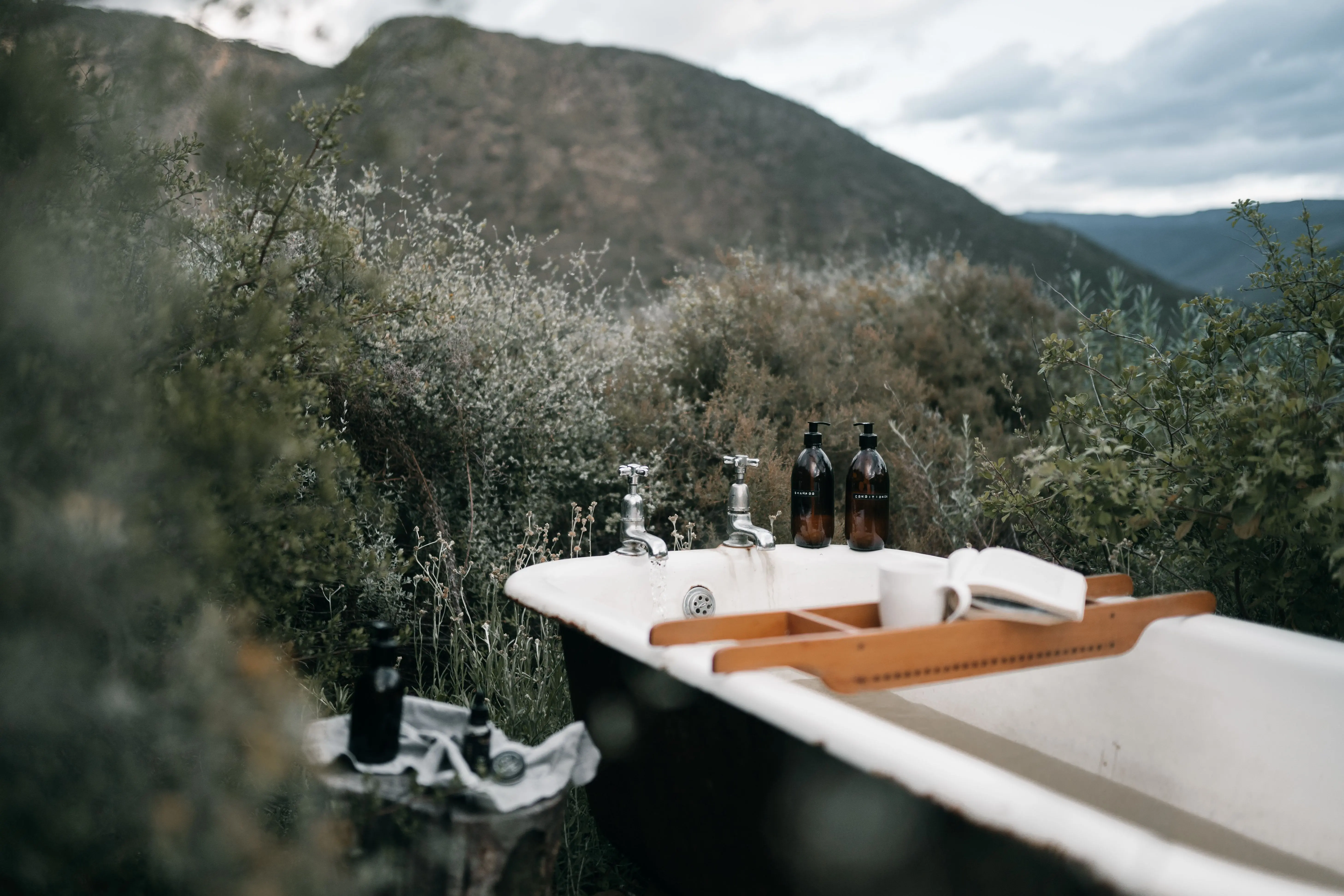 solar powered bird bath A vintage outdoor bathtub with bath essentials set in a lush natural environment.