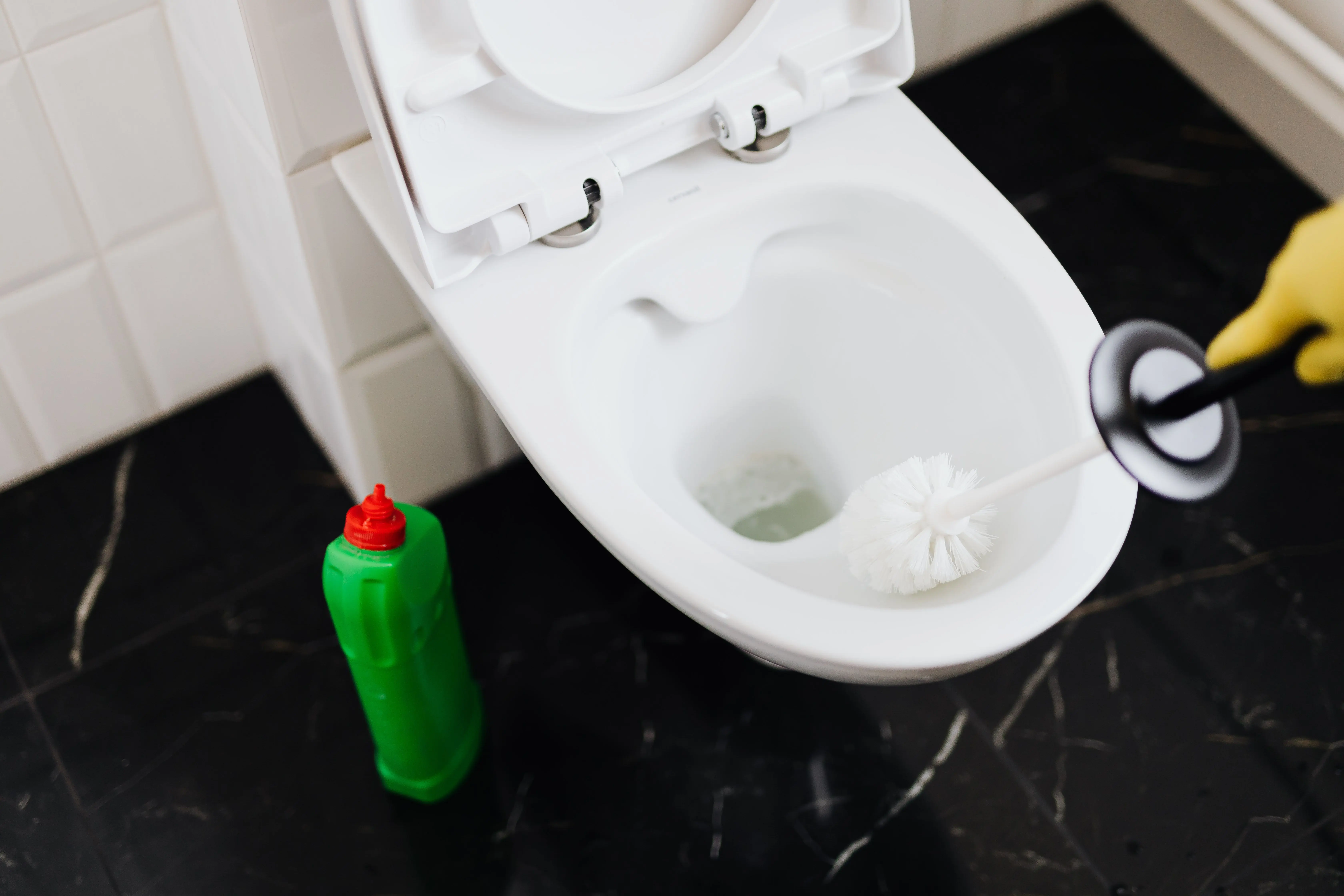 toilet flapper not sealing From above of crop anonymous person in rubber gloves using liquid toilet sanitizer and brush to clean toilet bowl in bathroom