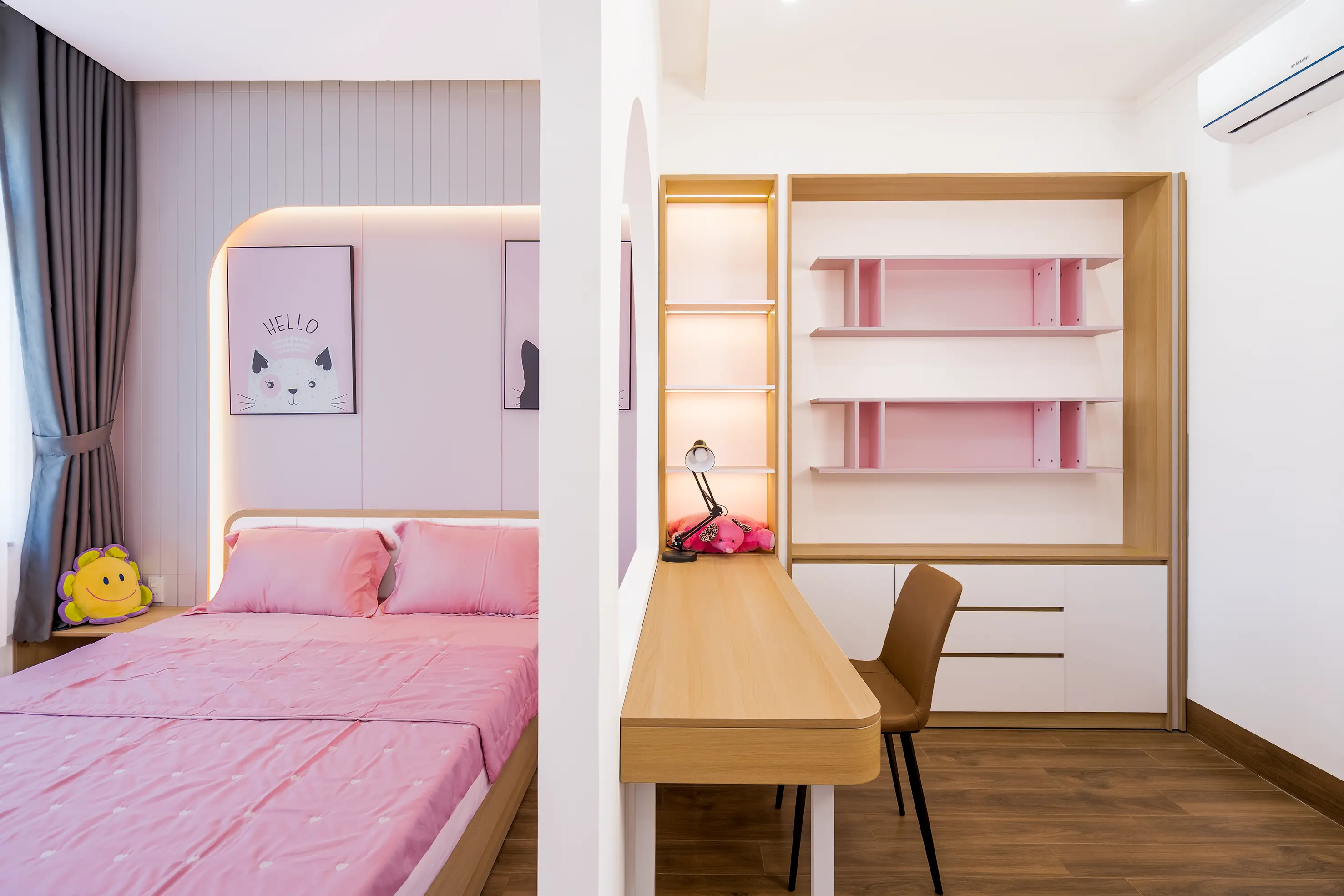 bed desk combo Stylish bedroom featuring pink bedding and a contemporary desk for a fresh interior design.