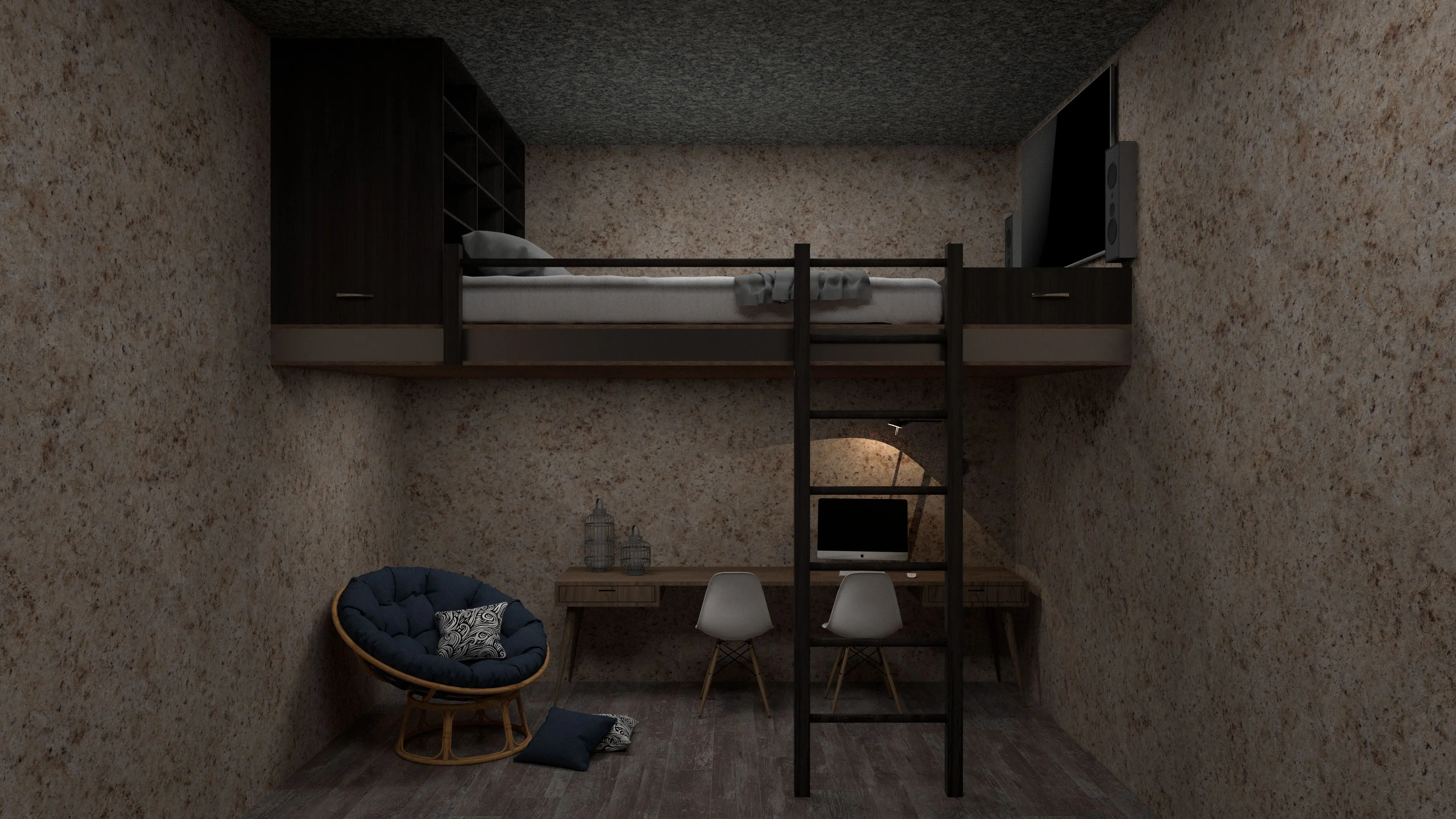 bed desk combo Stylish loft bedroom featuring a bed, workspace, ladder, and chic interior design.