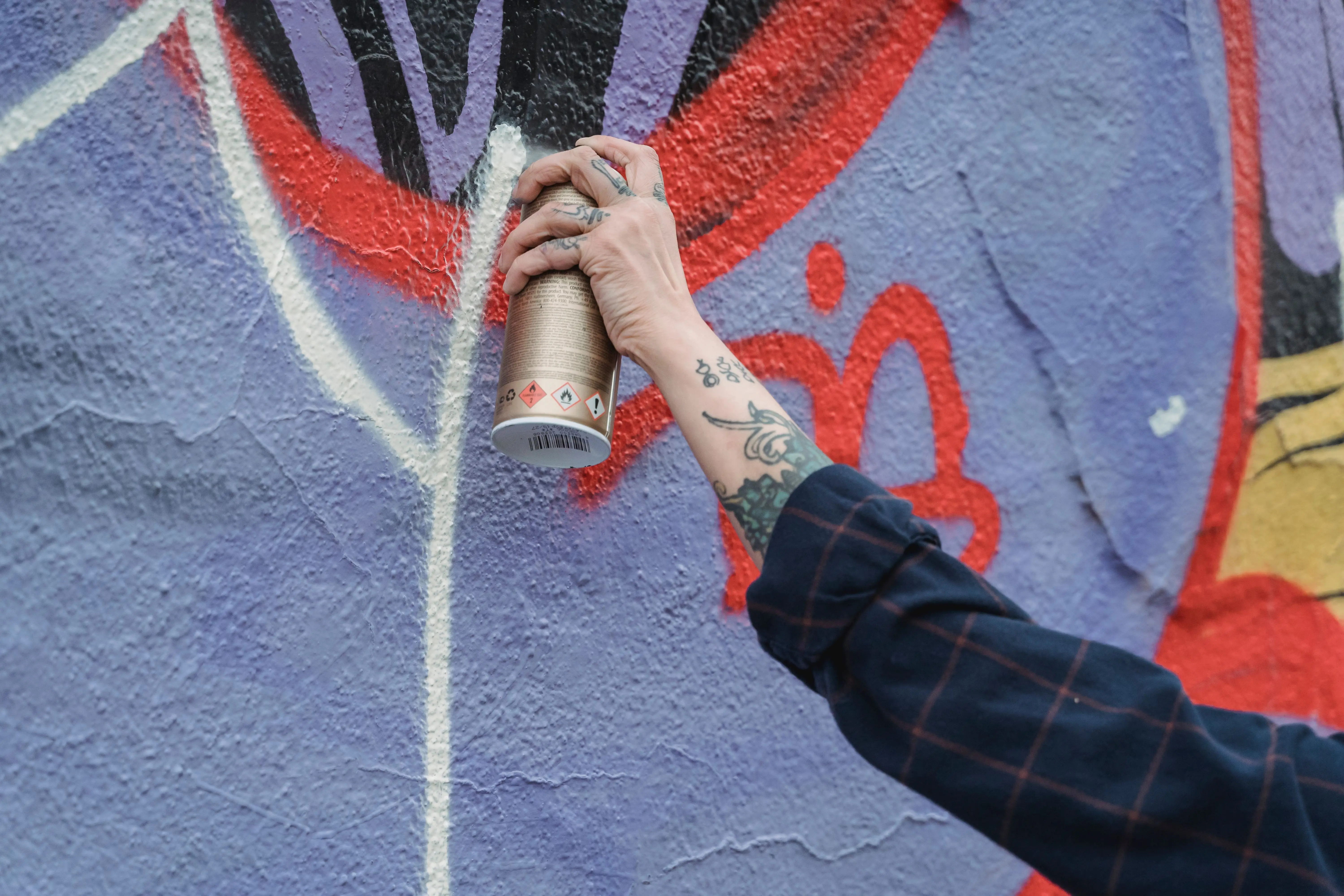 carpet beetles spray Close-up of a tattooed hand creating colorful street art with spray paint on a wall.