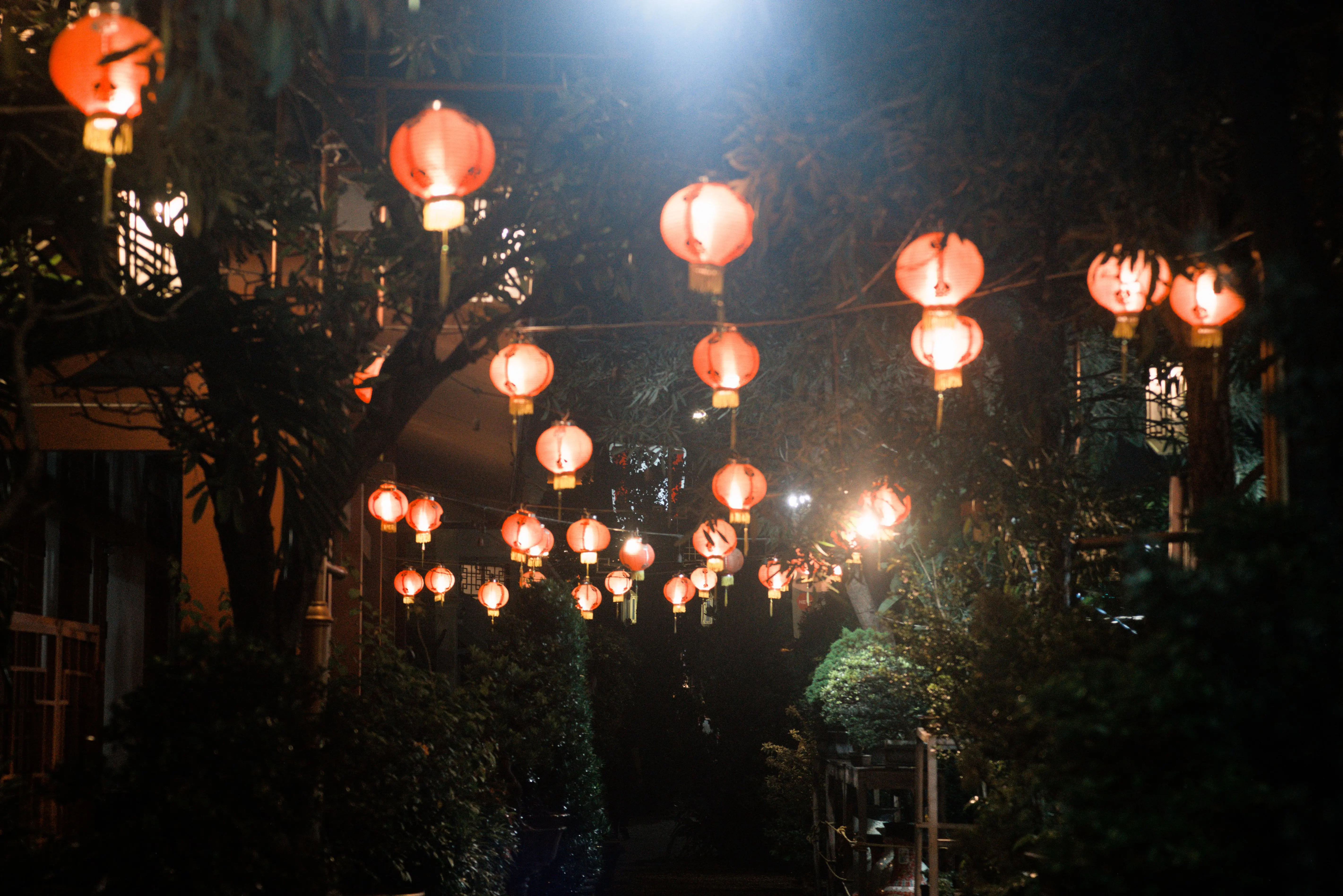 farmhouse light fixture Glowing red Chinese lanterns light up a garden path on a festive night in Indonesia.