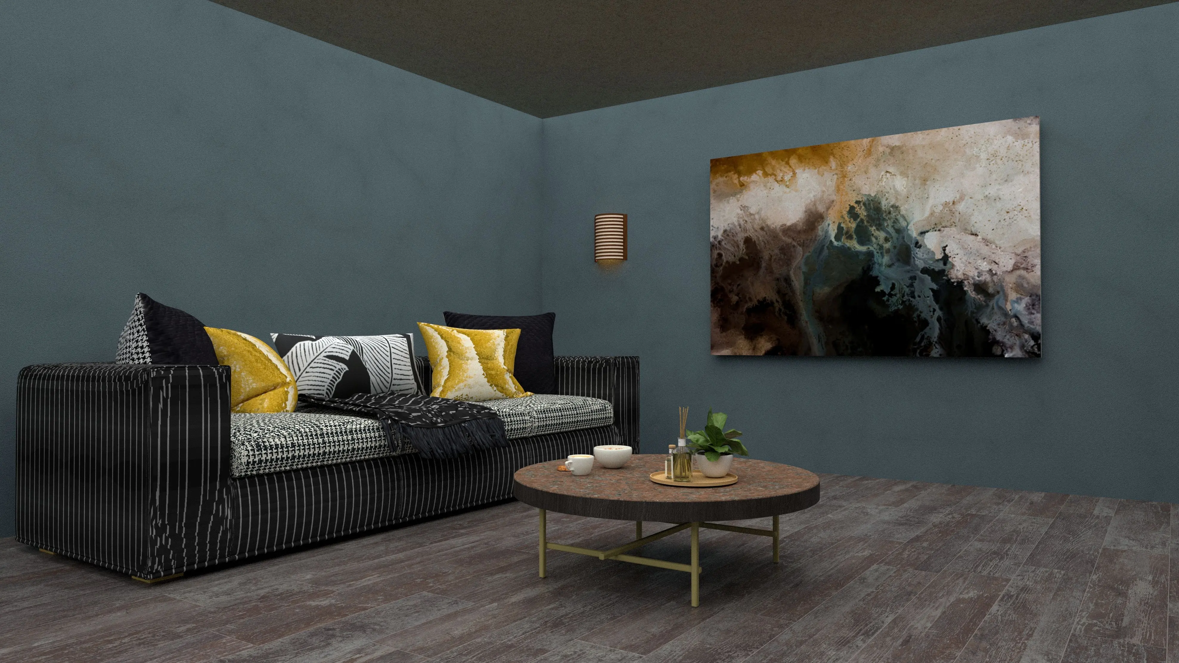 cinnamon slate Elegant living room featuring a contemporary sofa, center table, and abstract wall art in a modern setting.