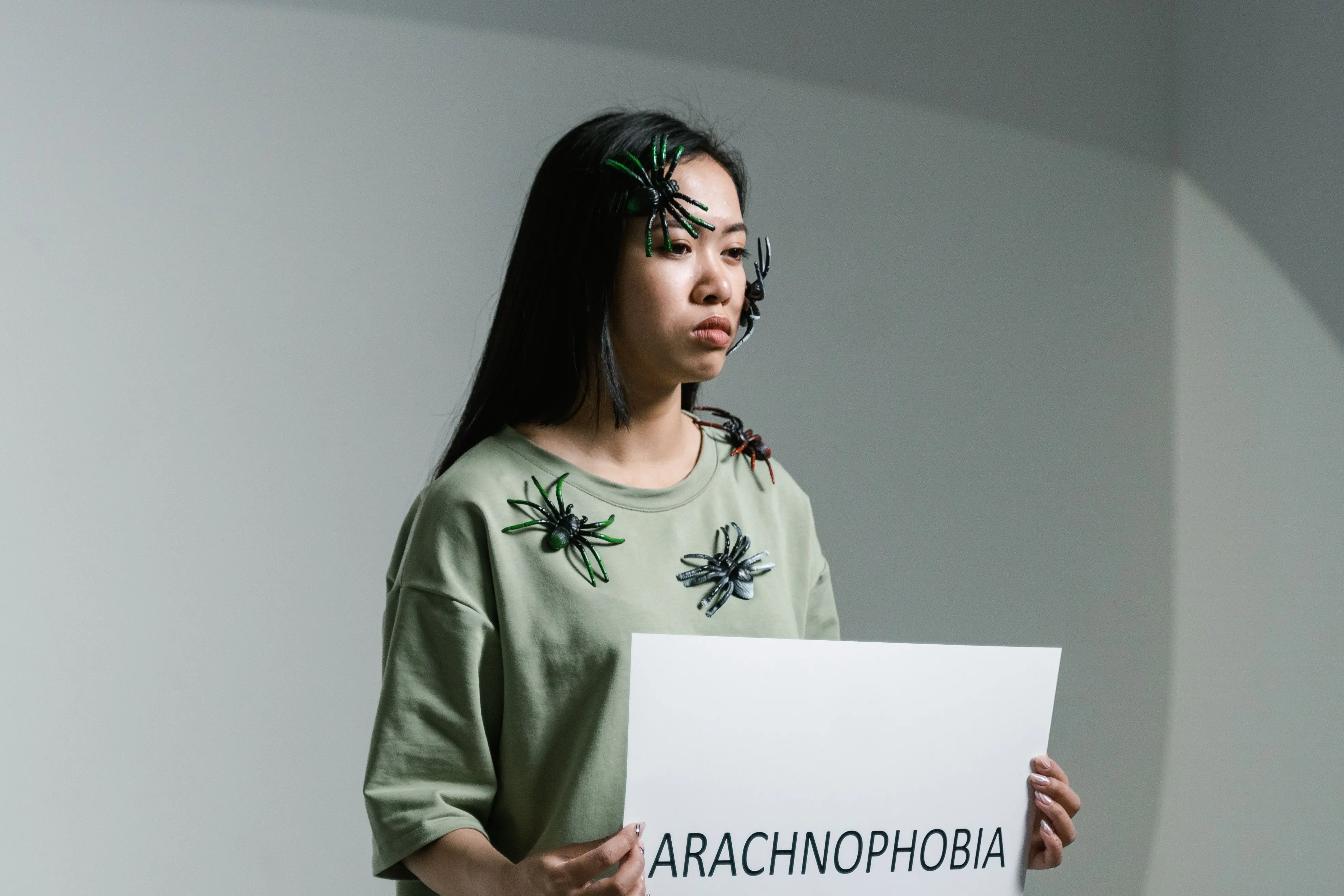 brown spider with black stripes Woman holding arachnophobia sign with toy spiders on face, expressing fear.